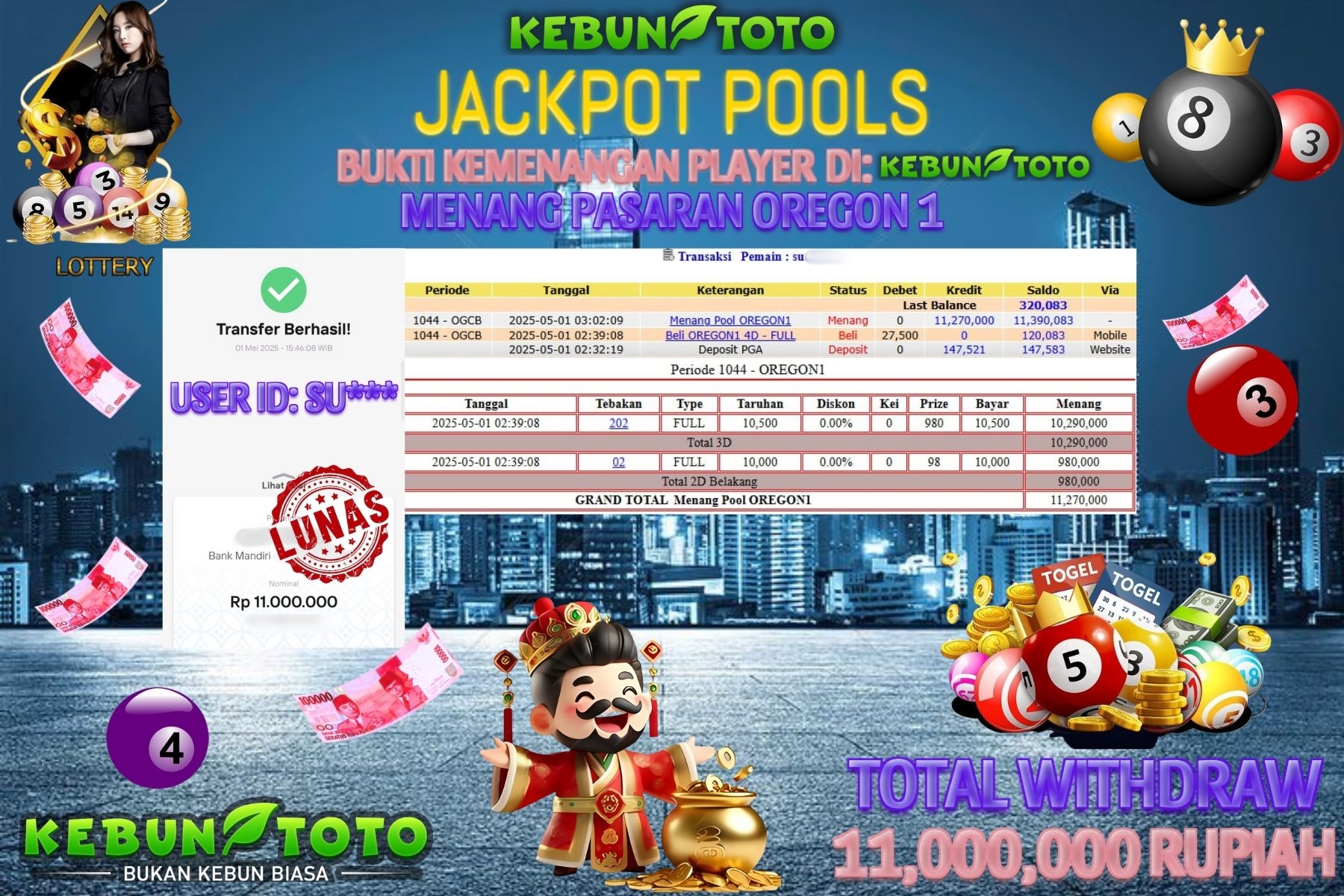 KEBUNTOTO JACKPOT TOGEL OREGON 1 Rp 11.000.000 ,- LUNAS