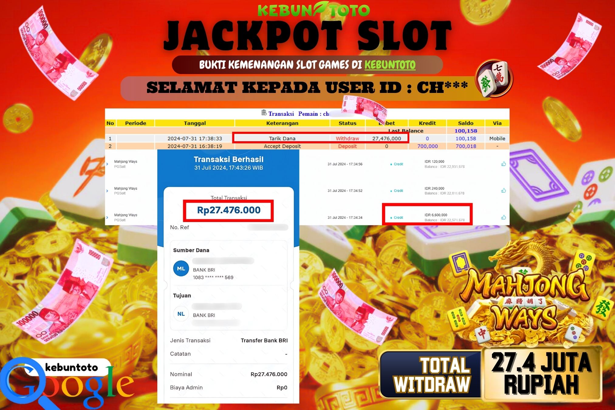 KEBUNTOTO JACKPOT SLOT MAHJONG WAYS Rp.27.476.000,- LUNAS