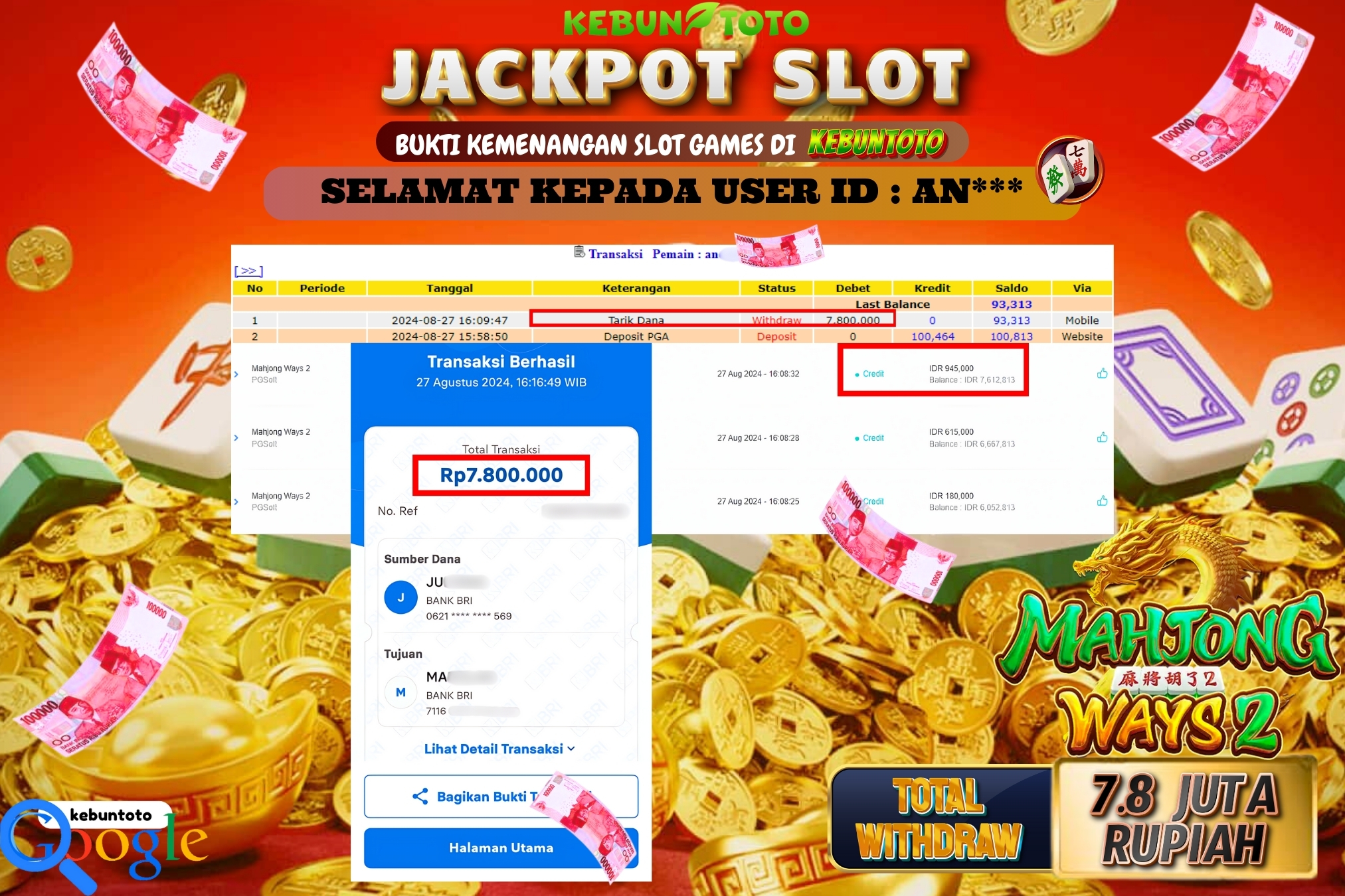 KEBUNTOTO JACKPOT SLOT MAHJONG WAYS 2 Rp.7.800.000,- LUNAS