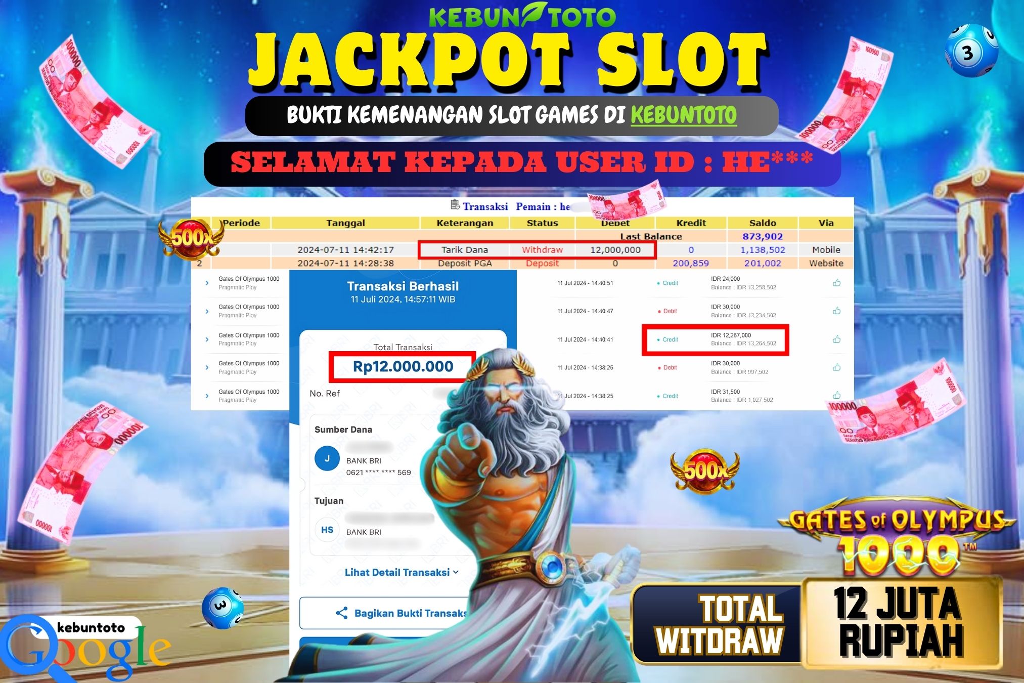 KEBUNTOTO JACKPOT SLOT GATES OF OLYMPUS 1000 Rp.12.000.000,- LUNAS