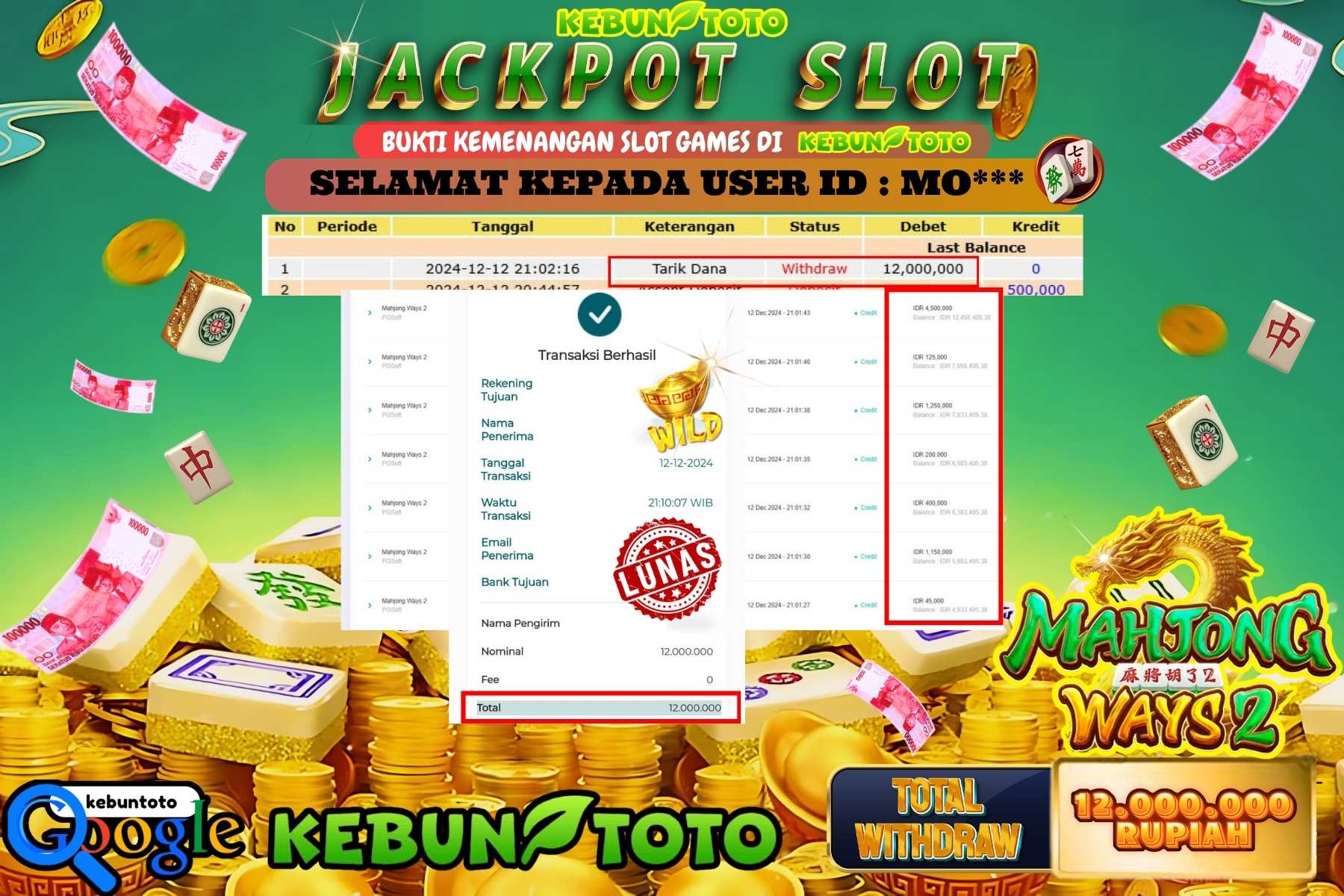 KEBUNTOTO JACKPOT SLOT MAHJONG WAYS 2 , Sebesar Rp.12.000.000,- LUNAS