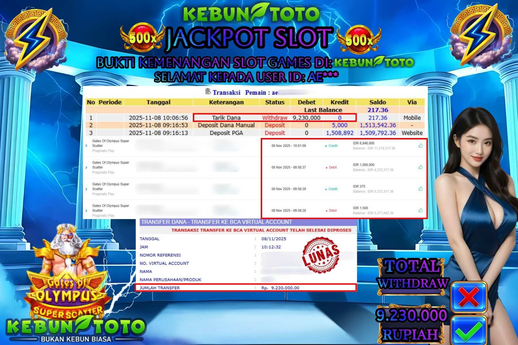 Bukti Kemenangan Rp 9.230.000 SLOT GATES OF OLYMPUS SUPER SCATTER di KEBUNTOTO!