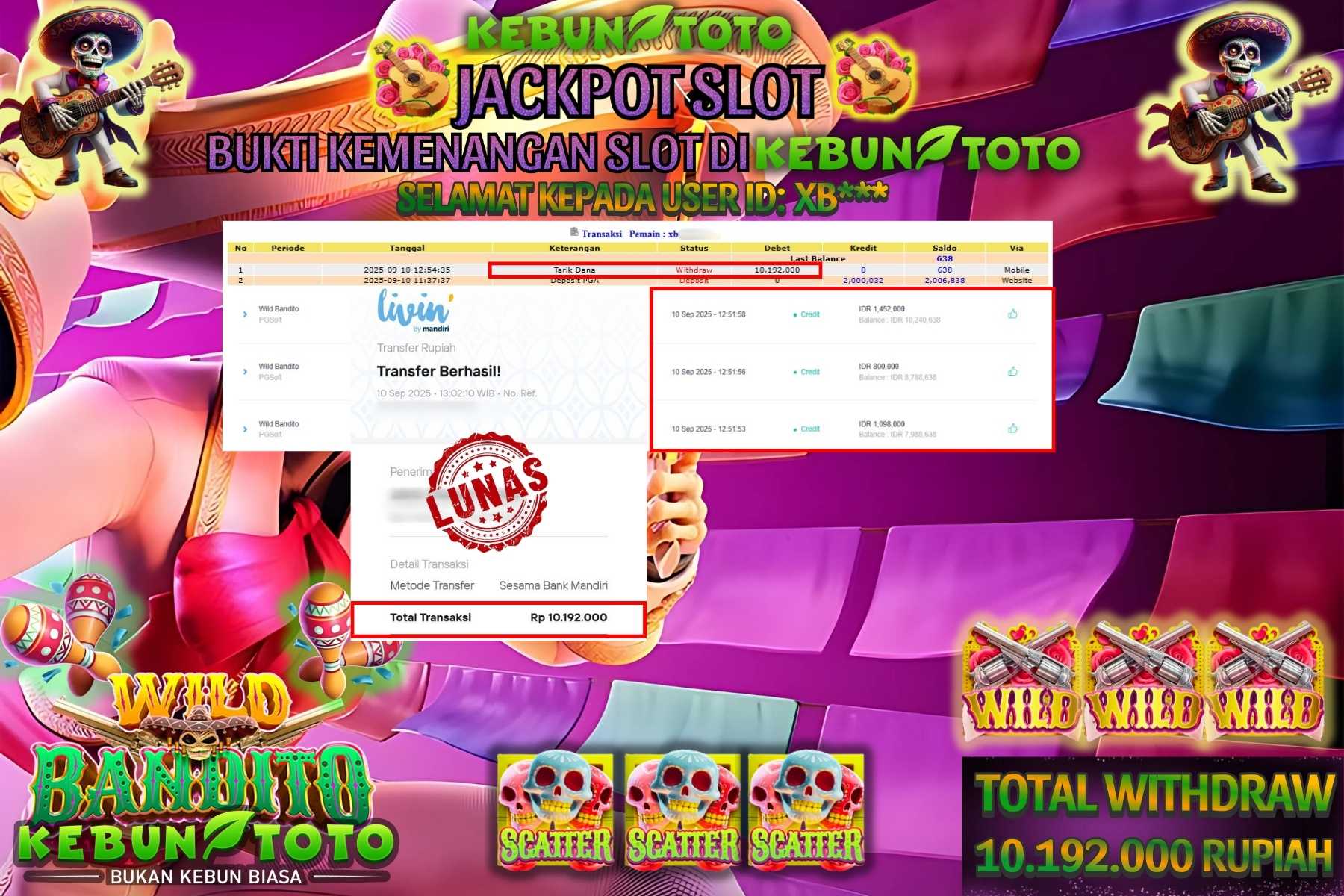 Bukti Kemenangan Rp 10.192.000 SLOT WILD BANDITO di KEBUNTOTO!