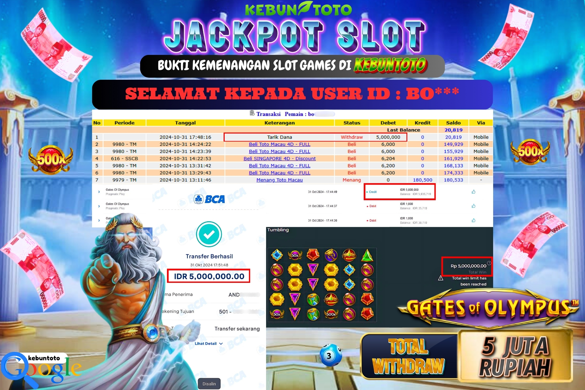 KEBUNTOTO JACKPOT SLOT GATES OF OLYMPUS Rp.5.000.000,- LUNAS
