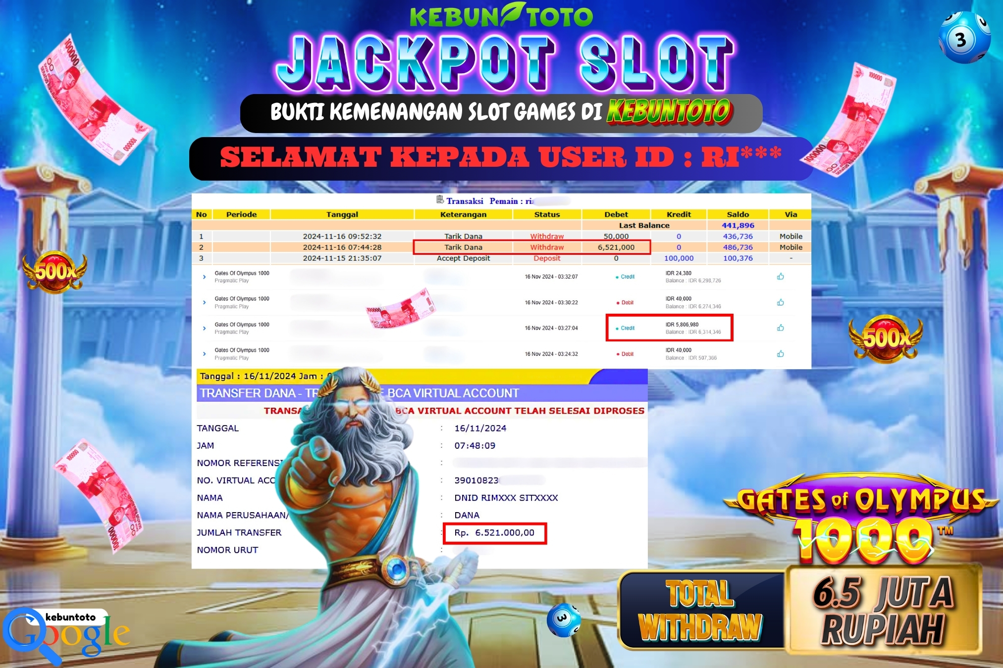 KEBUNTOTO JACKPOT SLOT GATES OF OLYMPUS 1000 Rp.6.521.000,- LUNAS