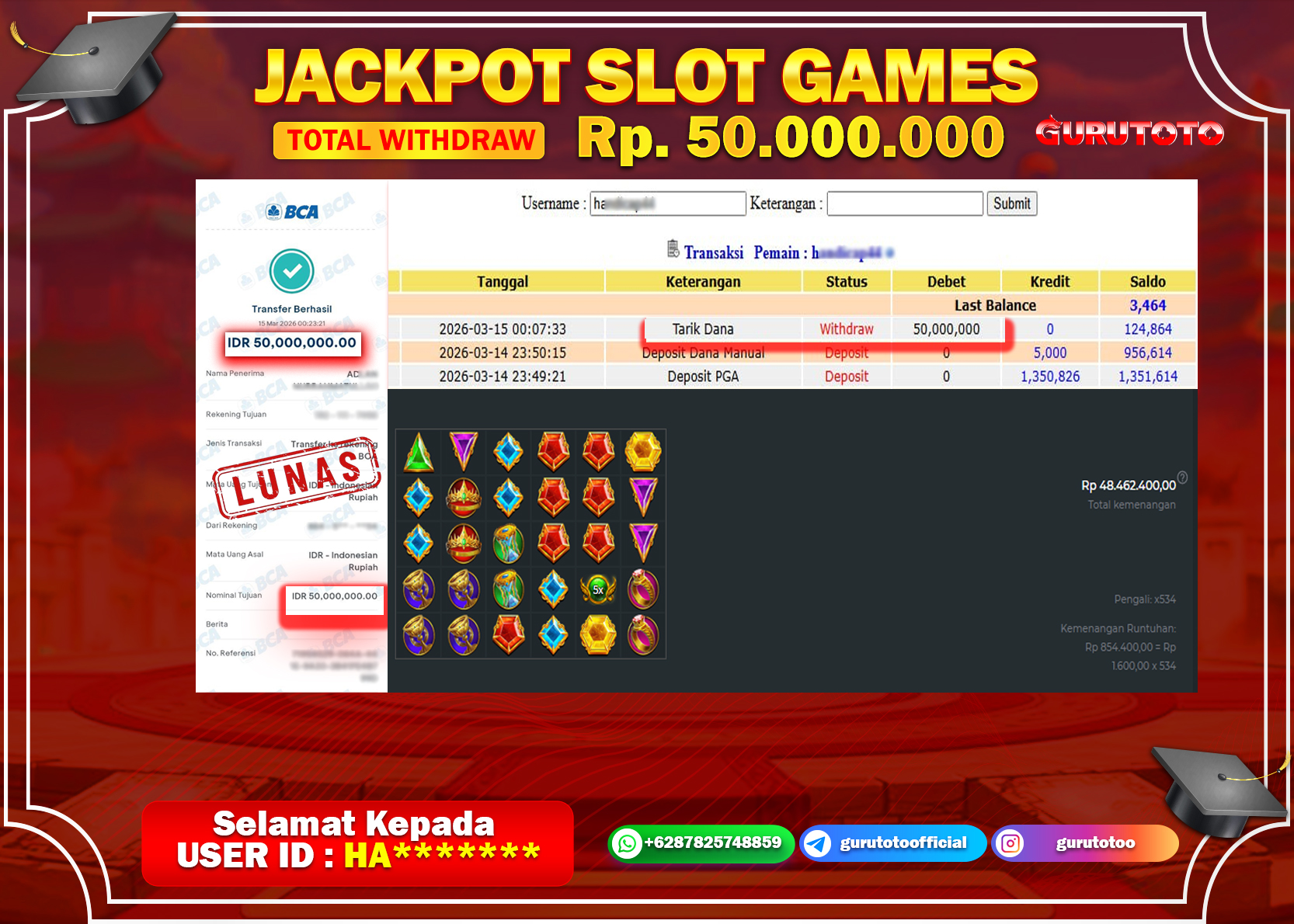 Bukti Kemenangan Rp 50.000.000 GATES OF OLYMPUS di GURUTOTO !