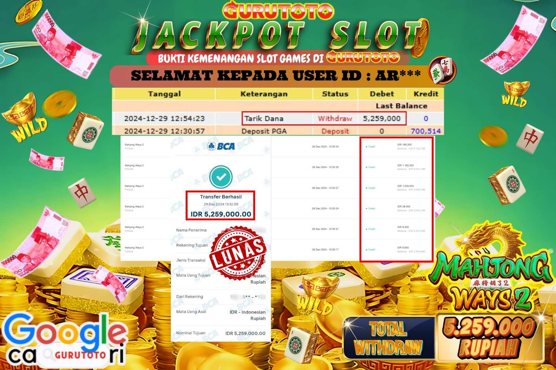 GURUTOTO, JACKPOT SLOT MAHJONG WAYS 2 sebesar Rp.5.259.000,- dibayar lunas.