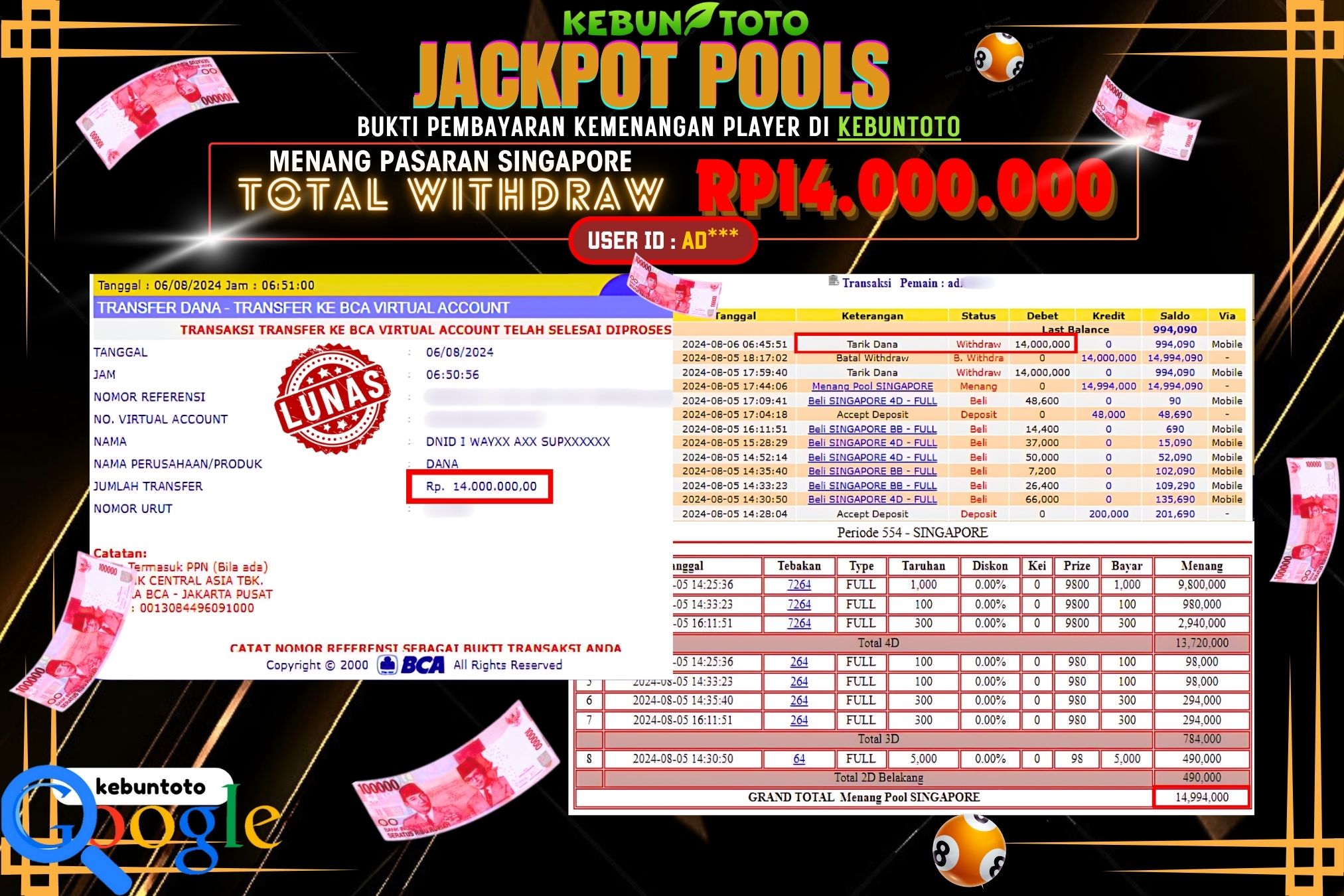 KEBUNTOTO JACKPOT TOGEL PASARAN SINGAPORE Rp.14.000.000,- LUNAS