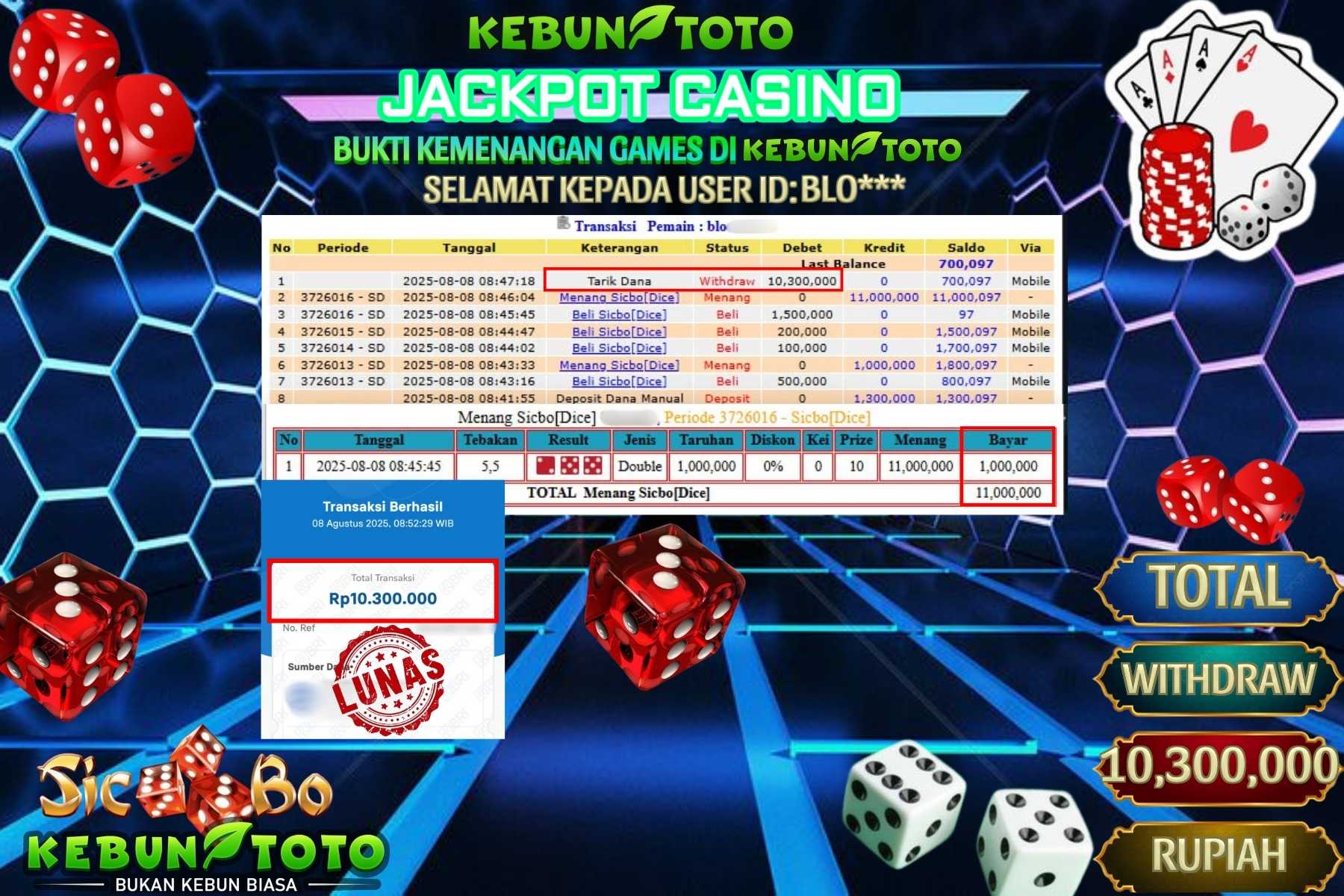 Bukti Kemenangan Rp 10.300.000 CASINO SICBO di KEBUNTOTO!