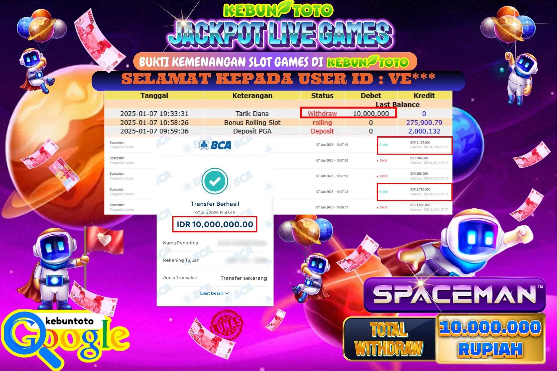 KEBUNTOTO JACKPOT LIVE GAMES SPACEMAN, Sebesar Rp.10.000.000,- LUNAS