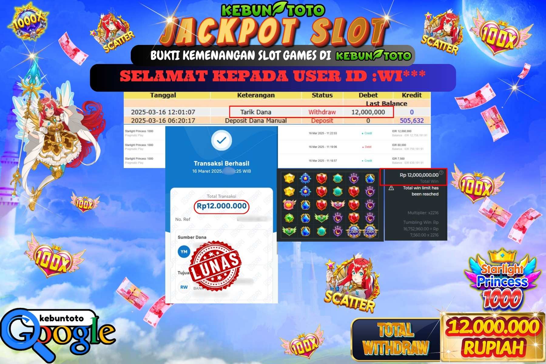 KEBUNTOTO JACKPOT, SLOT STARLIGHT PRINCESS 1000 Sebesar Rp 12.000.000,- LUNAS