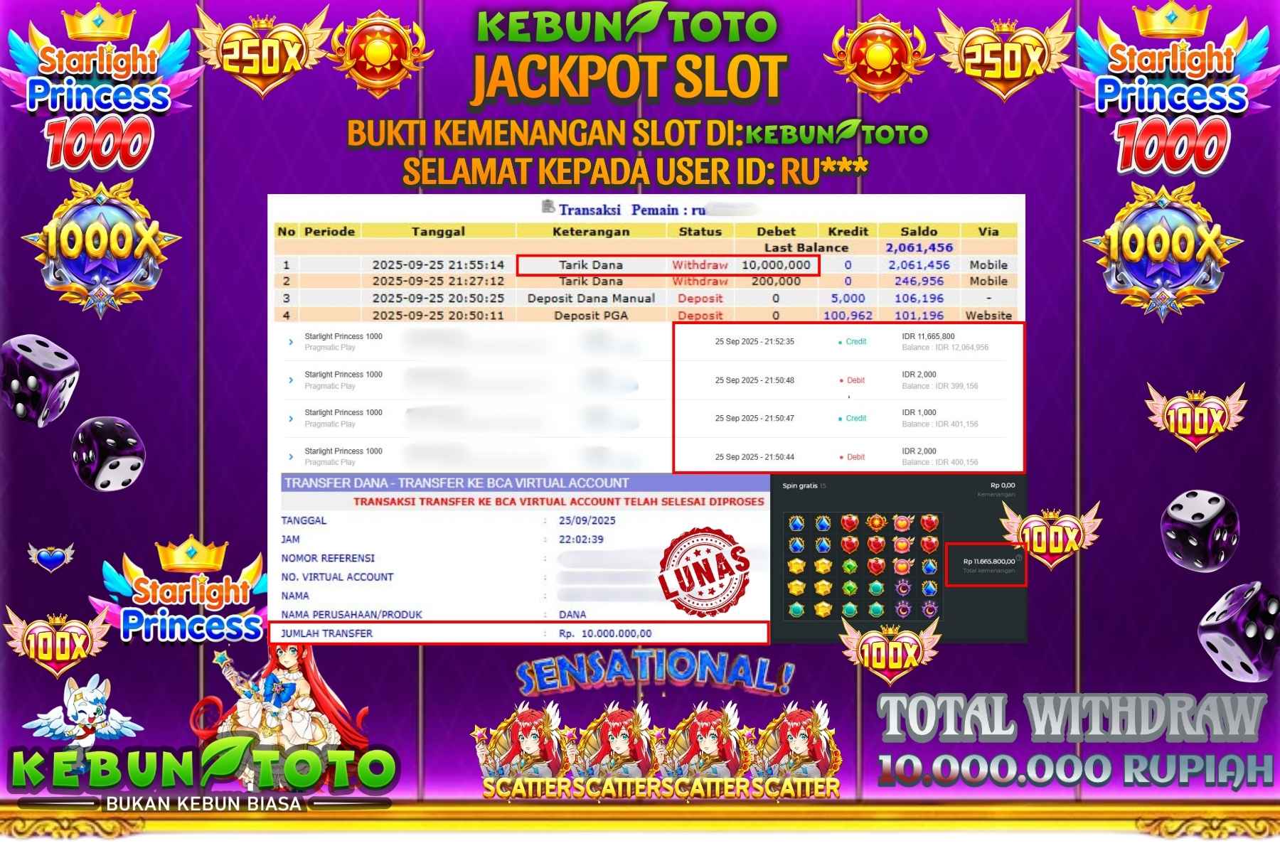 Bukti Kemenangan Rp 10.000.000 SLOT STARLIGHT PRINCESS 1000 di KEBUNTOTO!