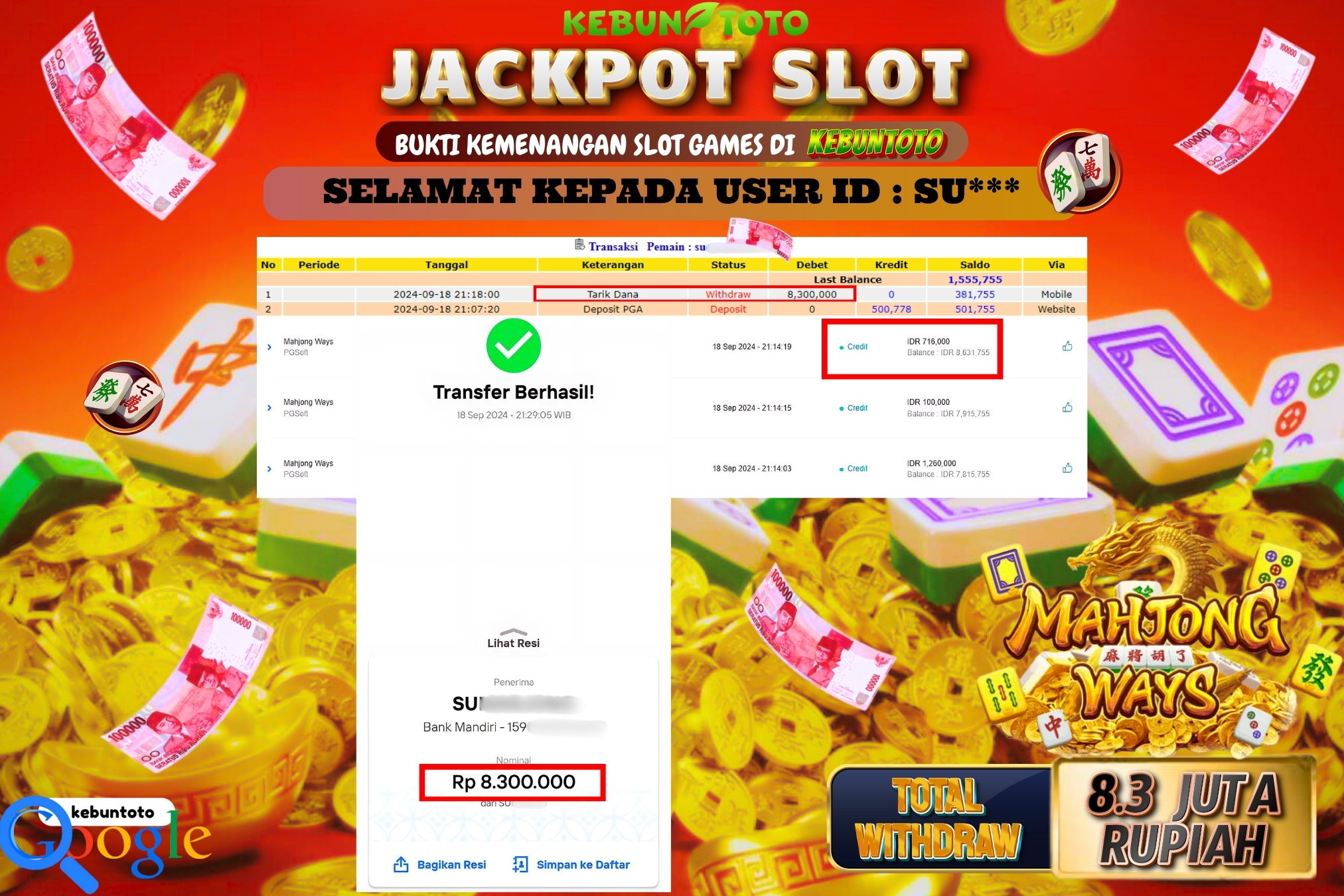 KEBUNTOTO JACKPOT SLOT MAHJONG WAYS Rp.8.300.000,- LUNAS