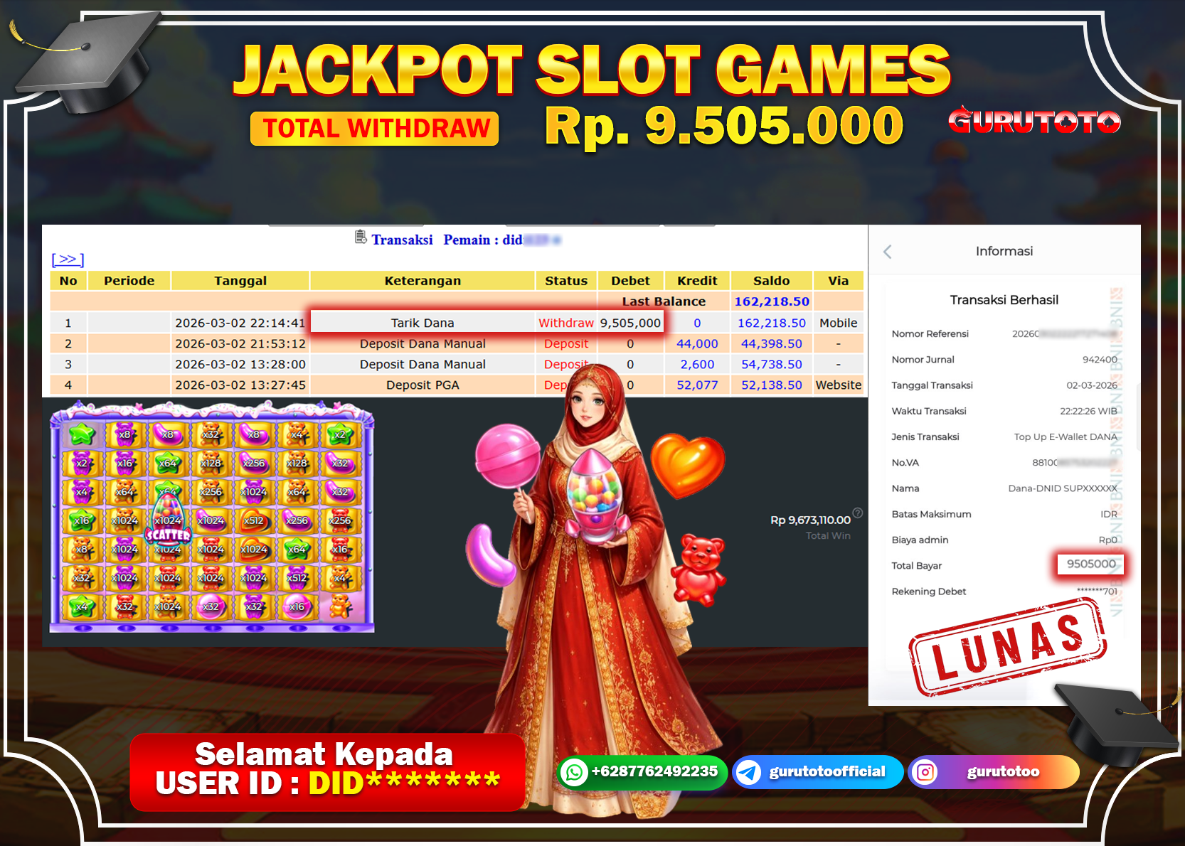 Bukti Kemenangan Rp 9.505.000 SUGAR RUSH SUPER SCATTER di GURUTOTO !