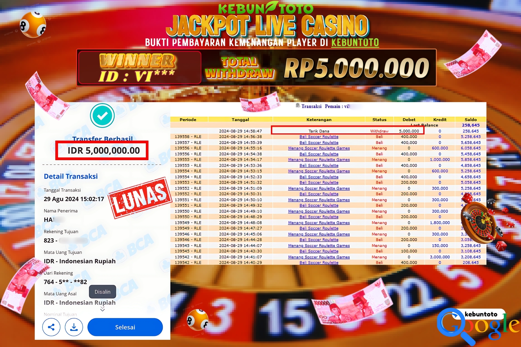 KEBUNTOTO JACKPOT LIVE CASINO Rp.5.000.000,- LUNAS