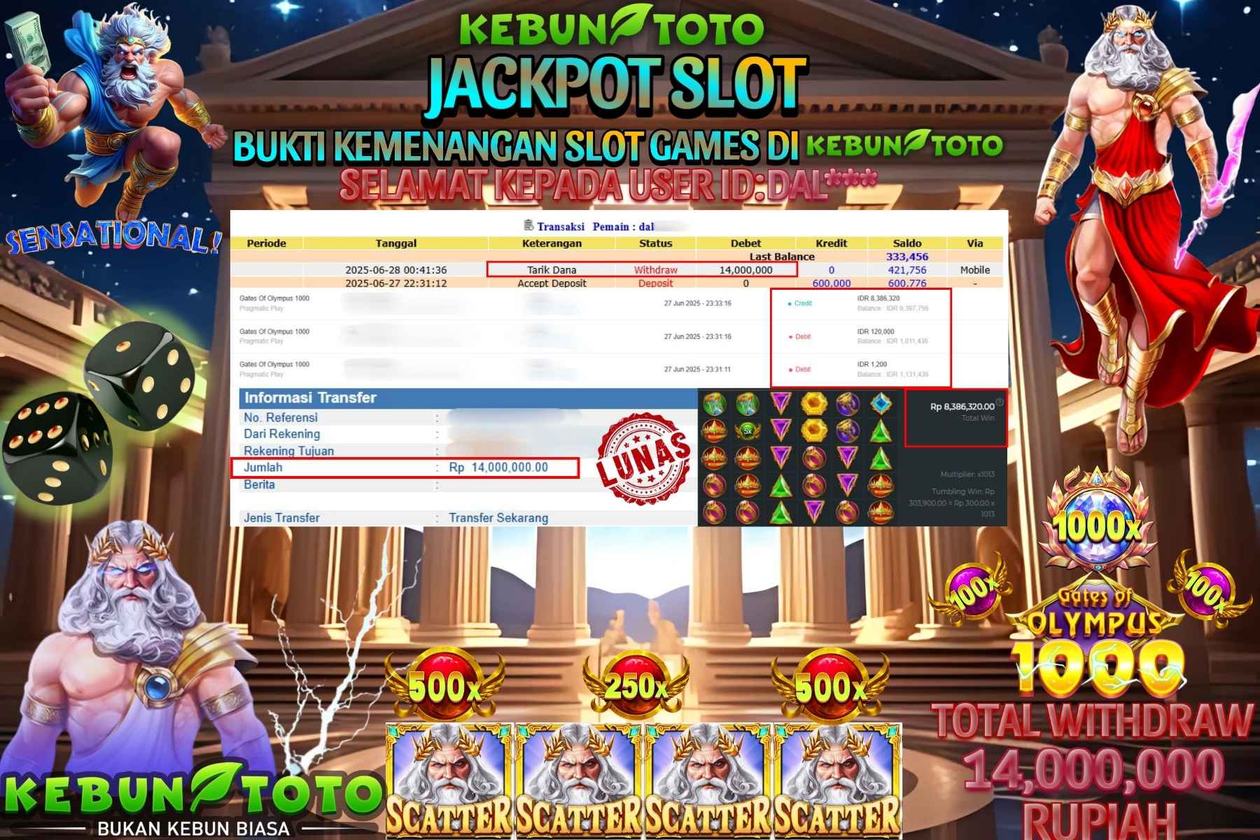 Bukti Kemenangan Rp 14.000.000 SLOT GATES OF OLYMPUS 1000 di KEBUNTOTO!