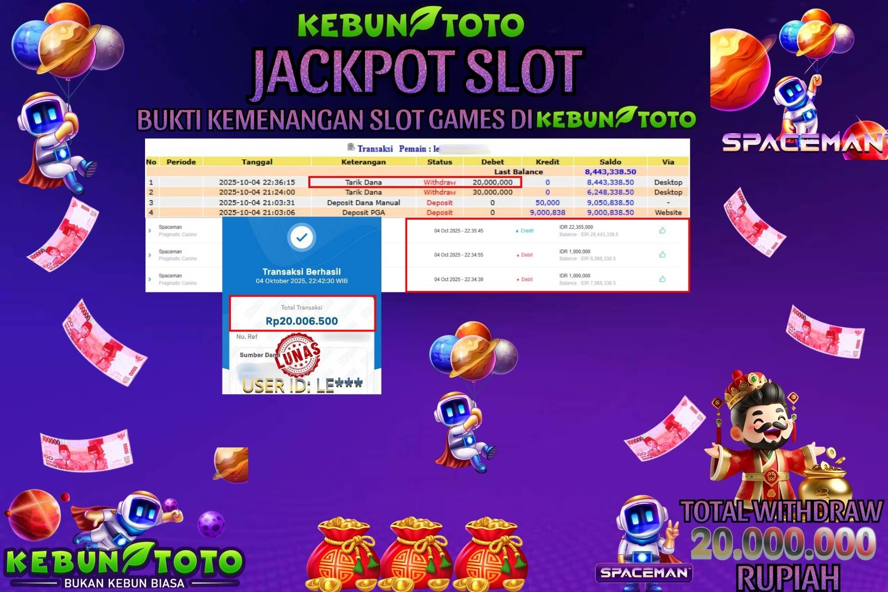 Bukti Kemenangan Rp 20.000.000 SLOT SPACEMAN di KEBUNTOTO!