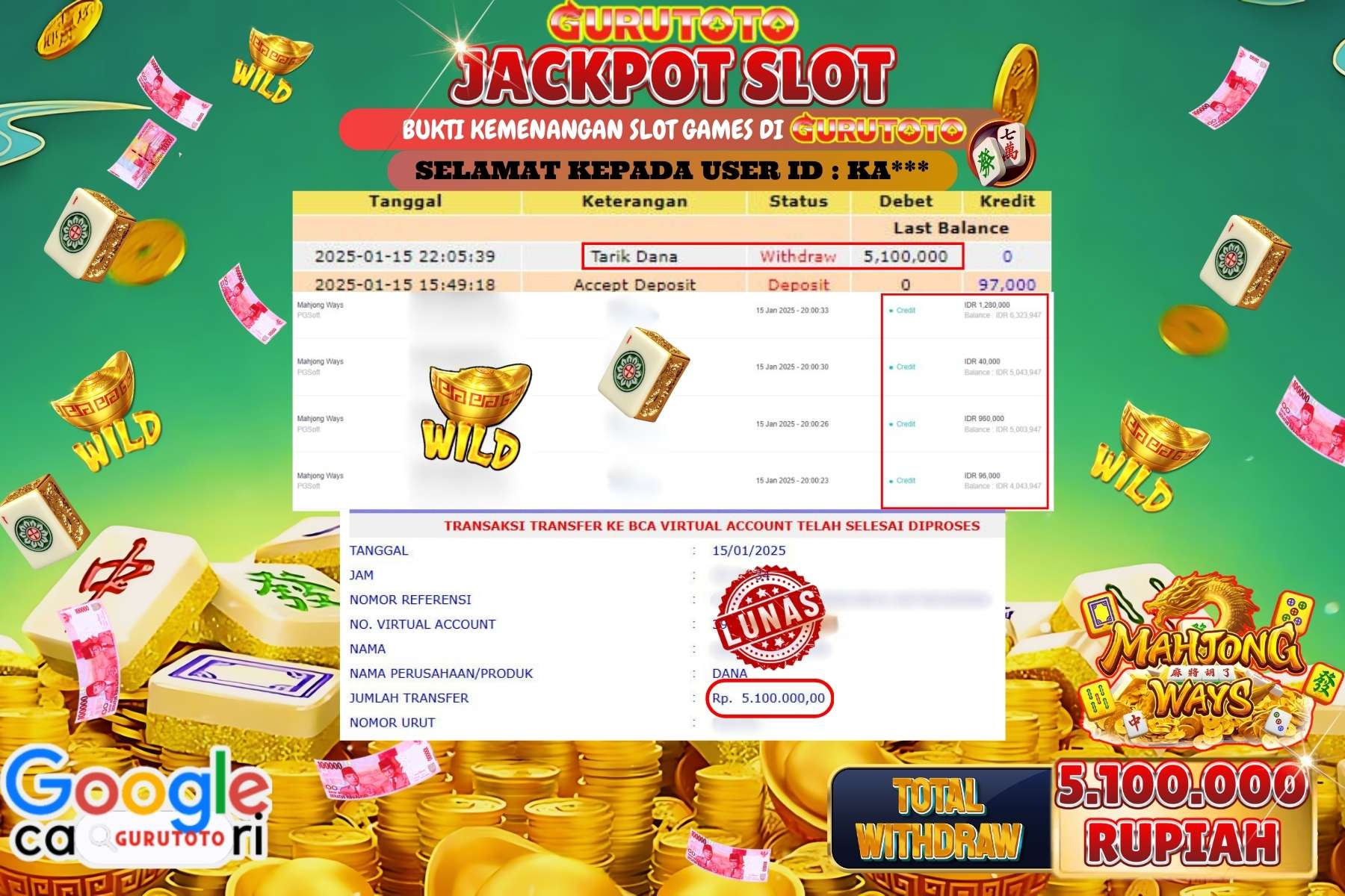 GURUTOTO, JACKPOT SLOT MAHJONG WAYS sebesar Rp.5.100.000,- dibayar lunas.