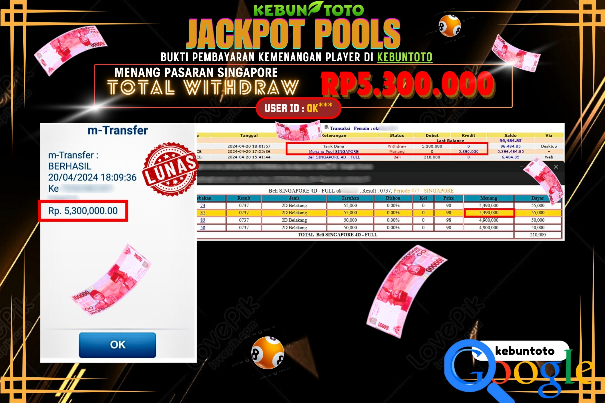 KEBUNTOTO JACKPOT TOGEL PASARAN SINGAPORE Rp.5.300.000,- LUNAS