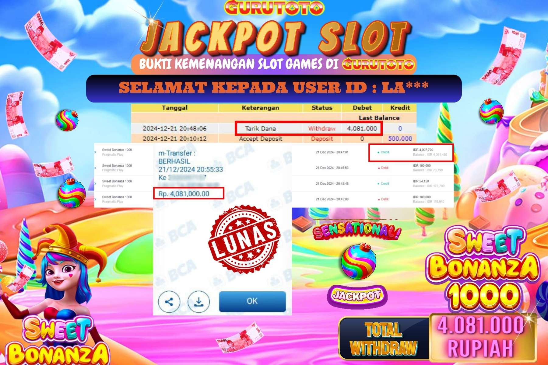 GURUTOTO, JACKPOT SLOT SWEET BONANZA 1000 sebesar Rp.4.081.000,- dibayar lunas.