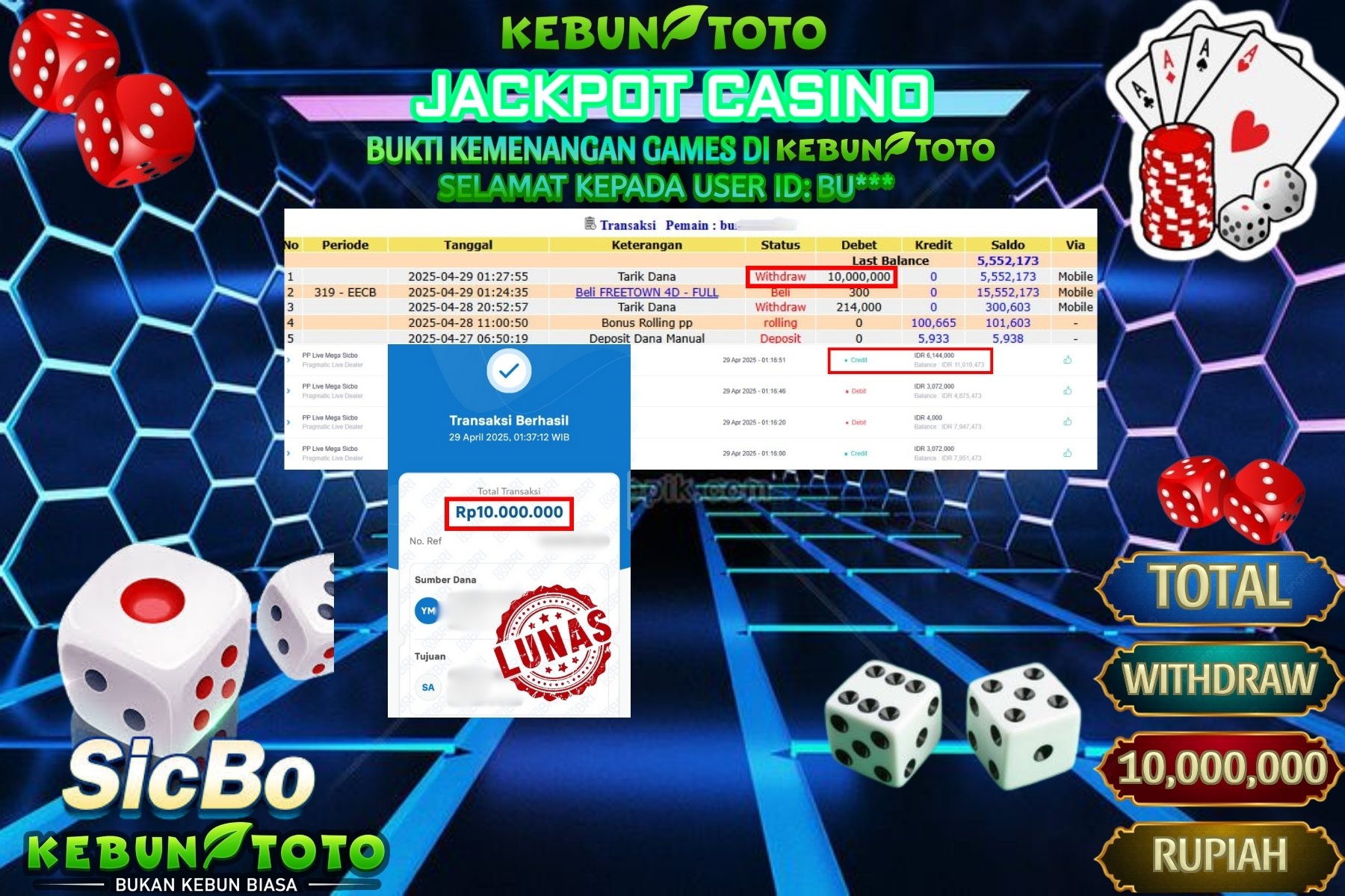KEBUNTOTO JACKPOT CASINO PP LIVE MEGA SICBO Rp 10.000.000 ,- LUNAS