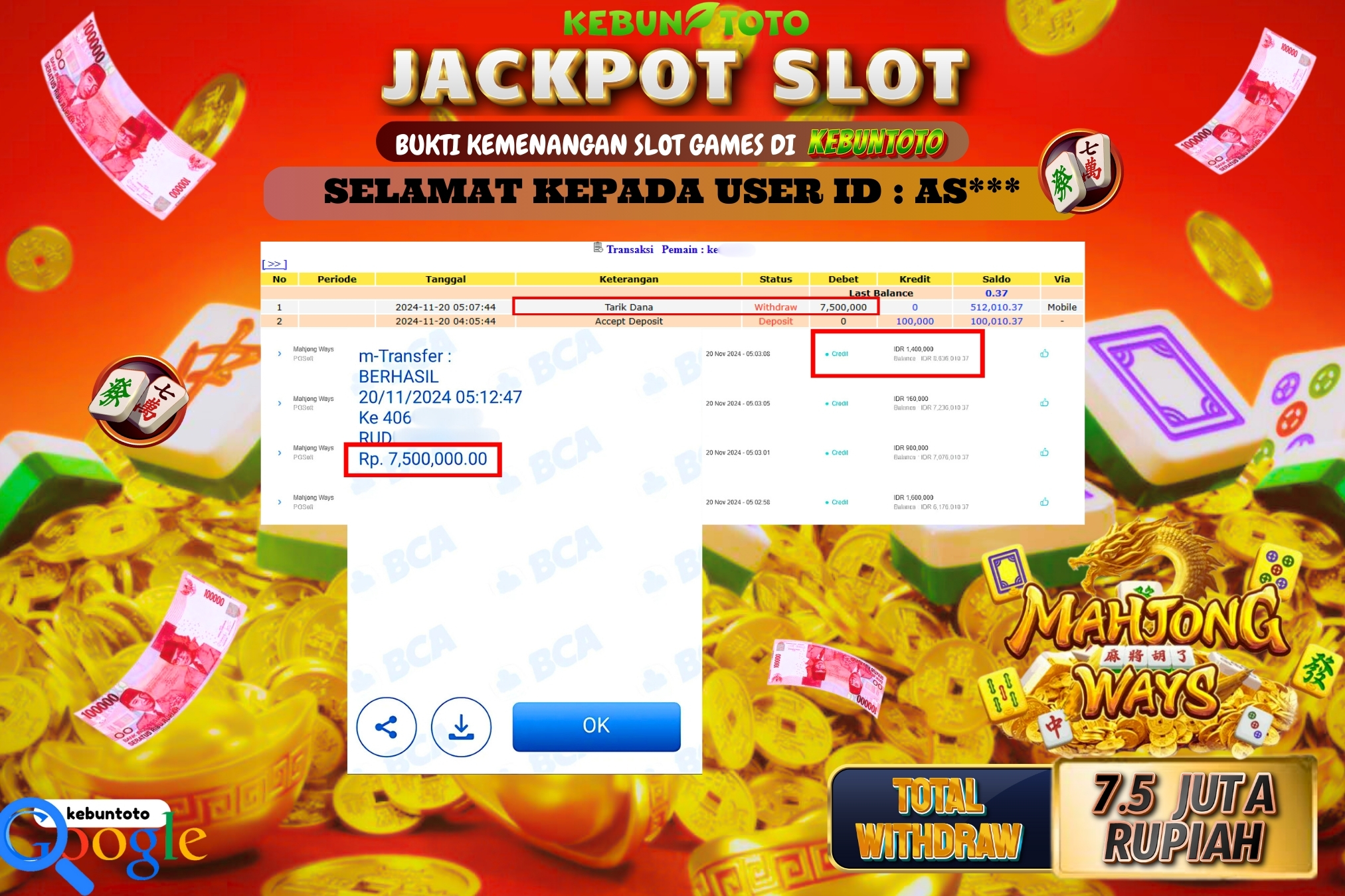 KEBUNTOTO JACKPOT SLOT MAHJONG WAYS Rp.7.500.000,- LUNAS