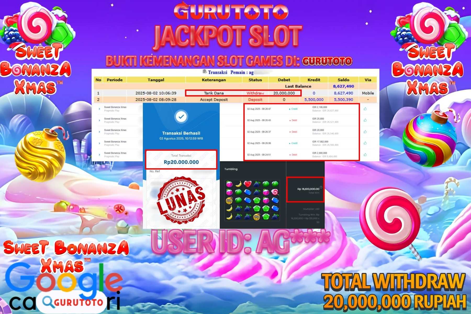 Bukti Kemenangan Rp 20.000.000 SLOT SWEET BONANZA XMAS di GURUTOTO!