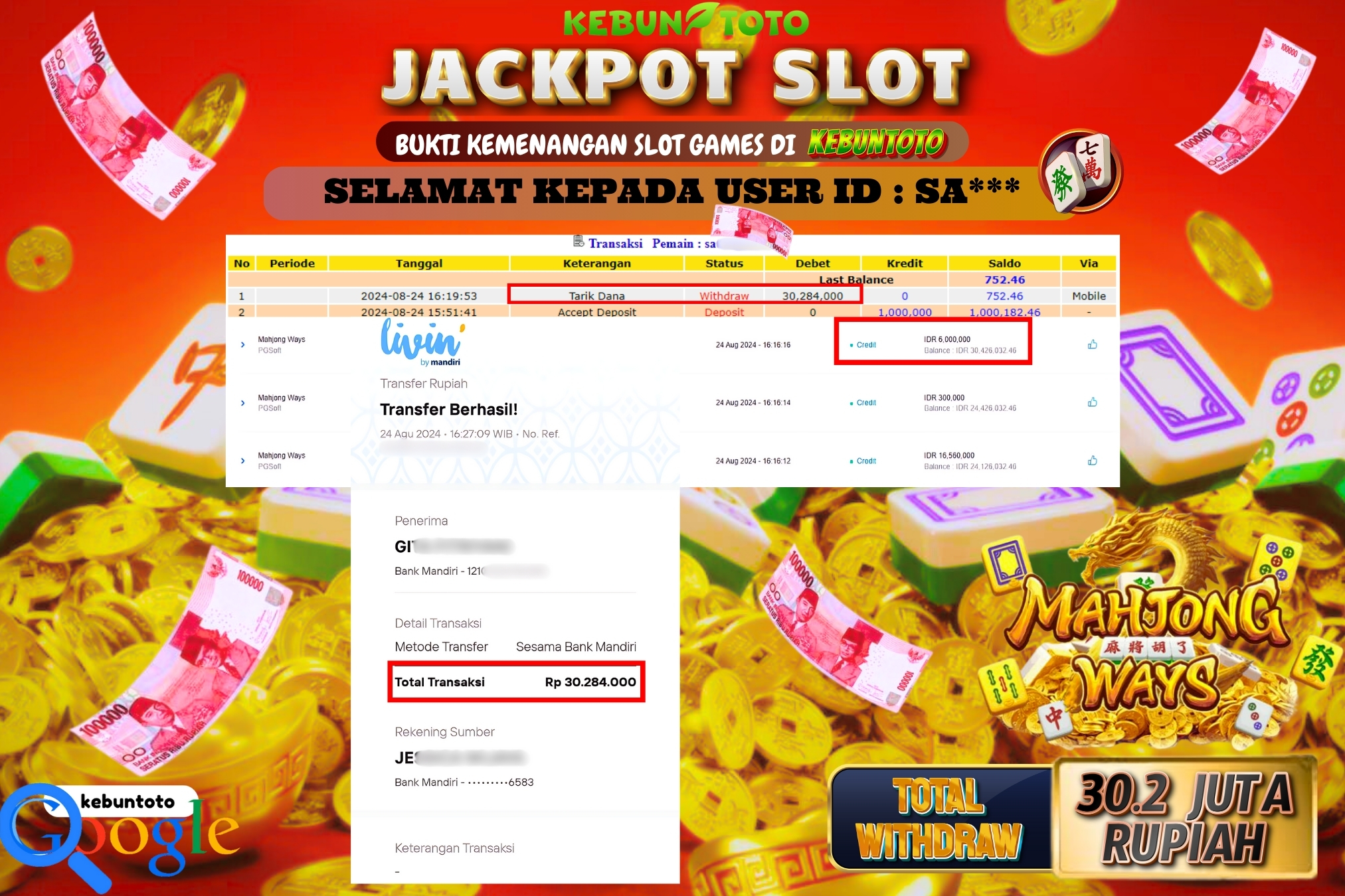 KEBUNTOTO JACKPOT SLOT MAHJONG WAYS Rp.30.284.000,- LUNAS