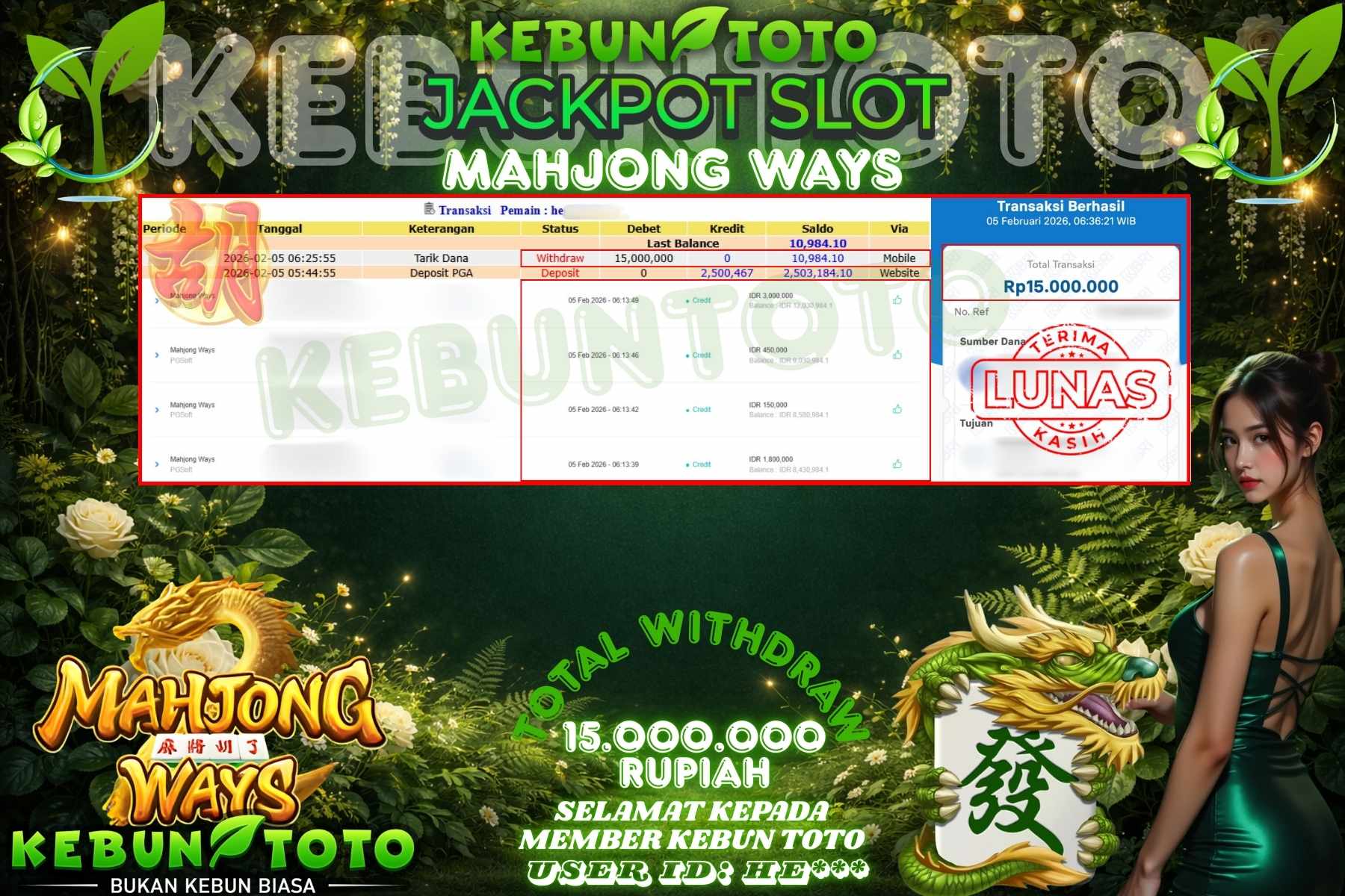 Bukti Kemenangan Rp 15.000.000 SLOT MAHJONG WAYS di KEBUNTOTO!