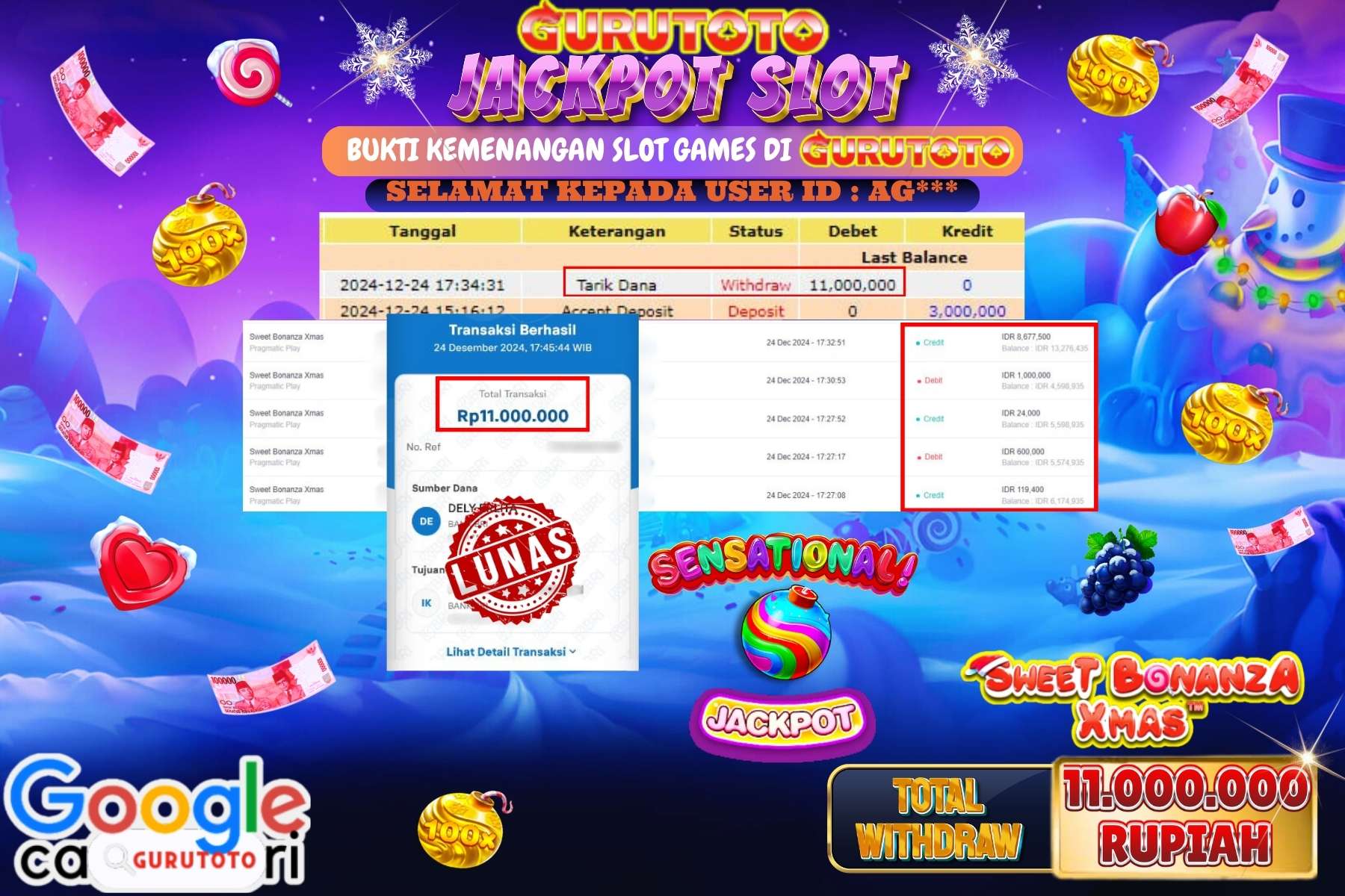 GURUTOTO, JACKPOT SLOT SWEET BONANZA XMAS sebesar Rp.11.000.000,- dibayar lunas.