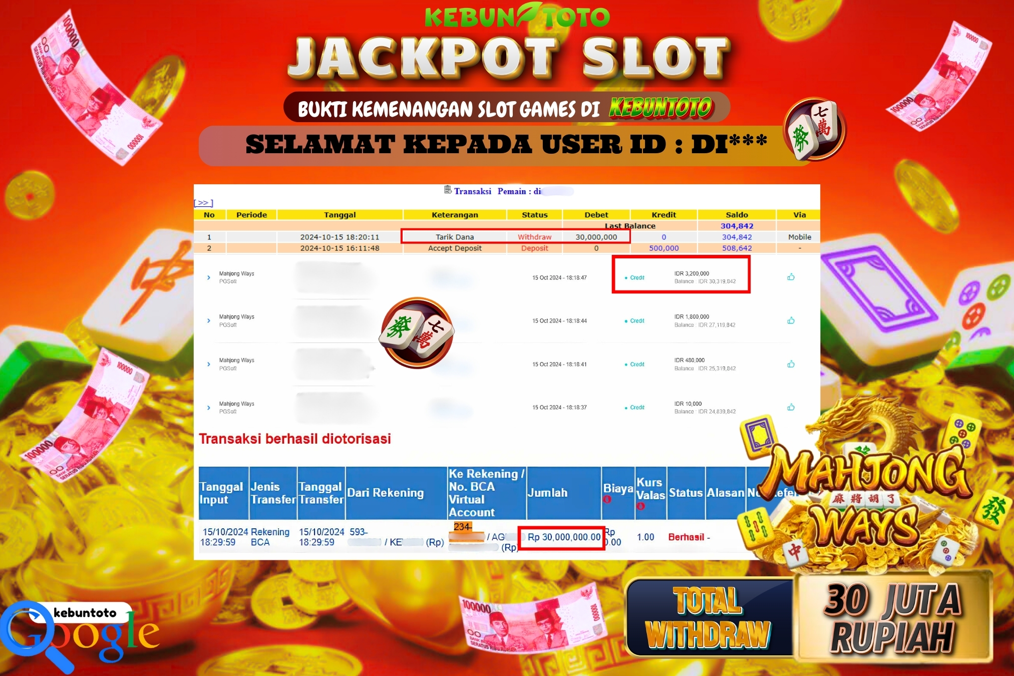 KEBUNTOTO JACKPOT SLOT MAHJONG WAYS Rp.30.000.000,- LUNAS
