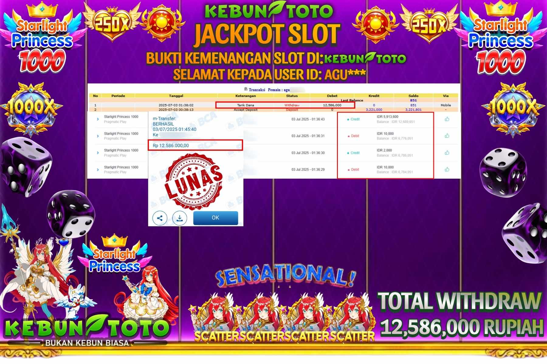 Bukti Kemenangan Rp 12.586.000 SLOT STARLIGHT PRINCESS 1000 di KEBUNTOTO!