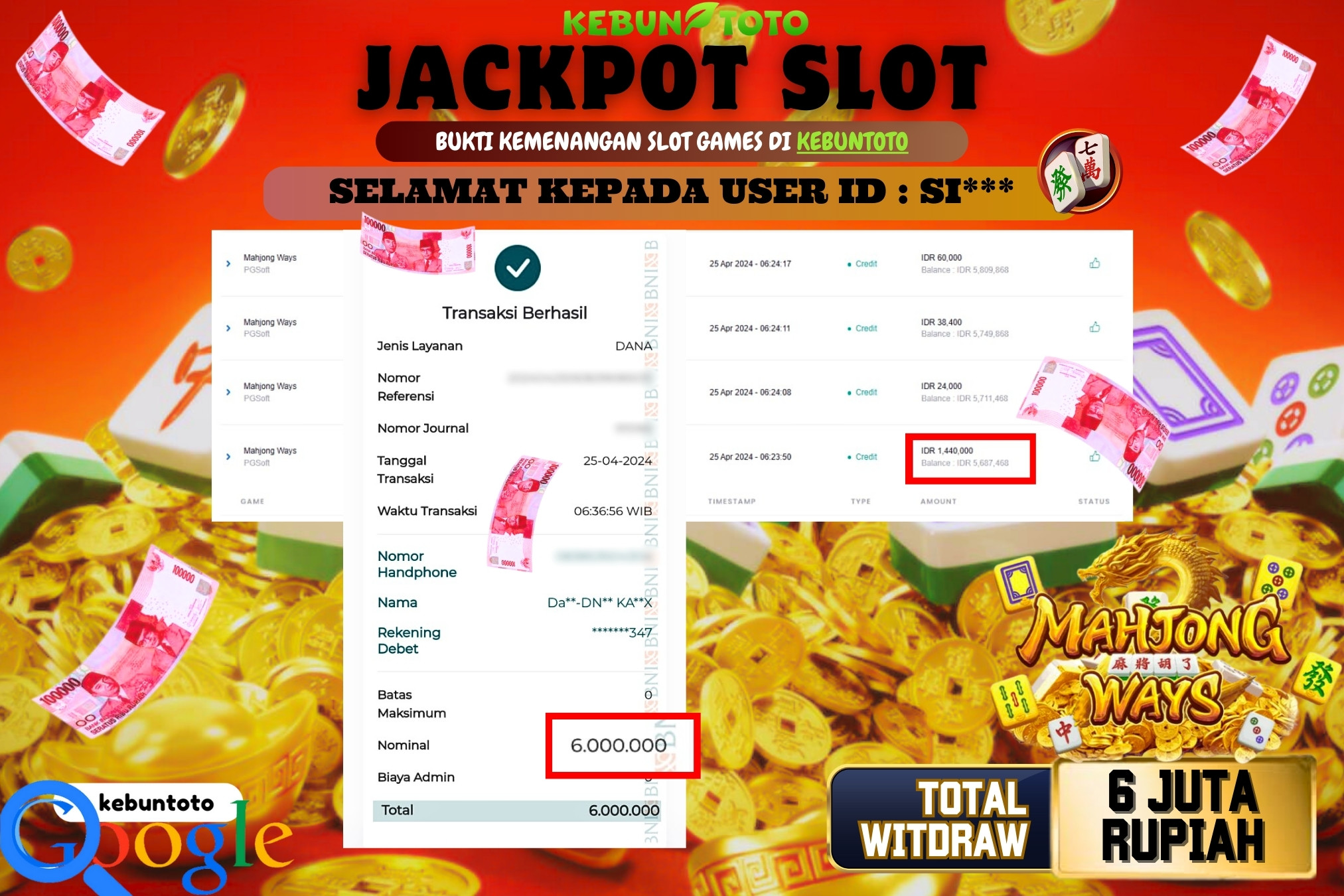 KEBUNTOTO JACKPOT SLOT MAHJONG WAYS Rp.6.000.000,- LUNAS