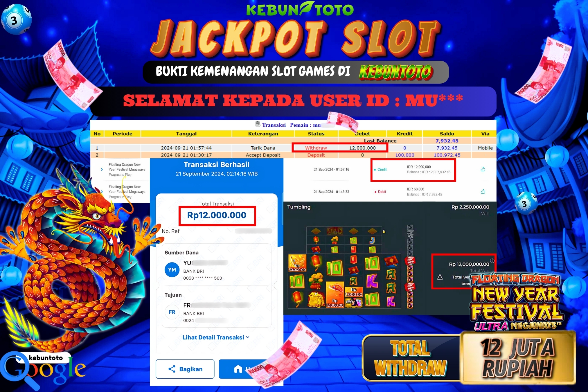 KEBUNTOTO JACKPOT SLOT FLOATING DRAGON NEW YEAR FESTIVAL MEGAWAYS Rp.12.000.000,- LUNAS
