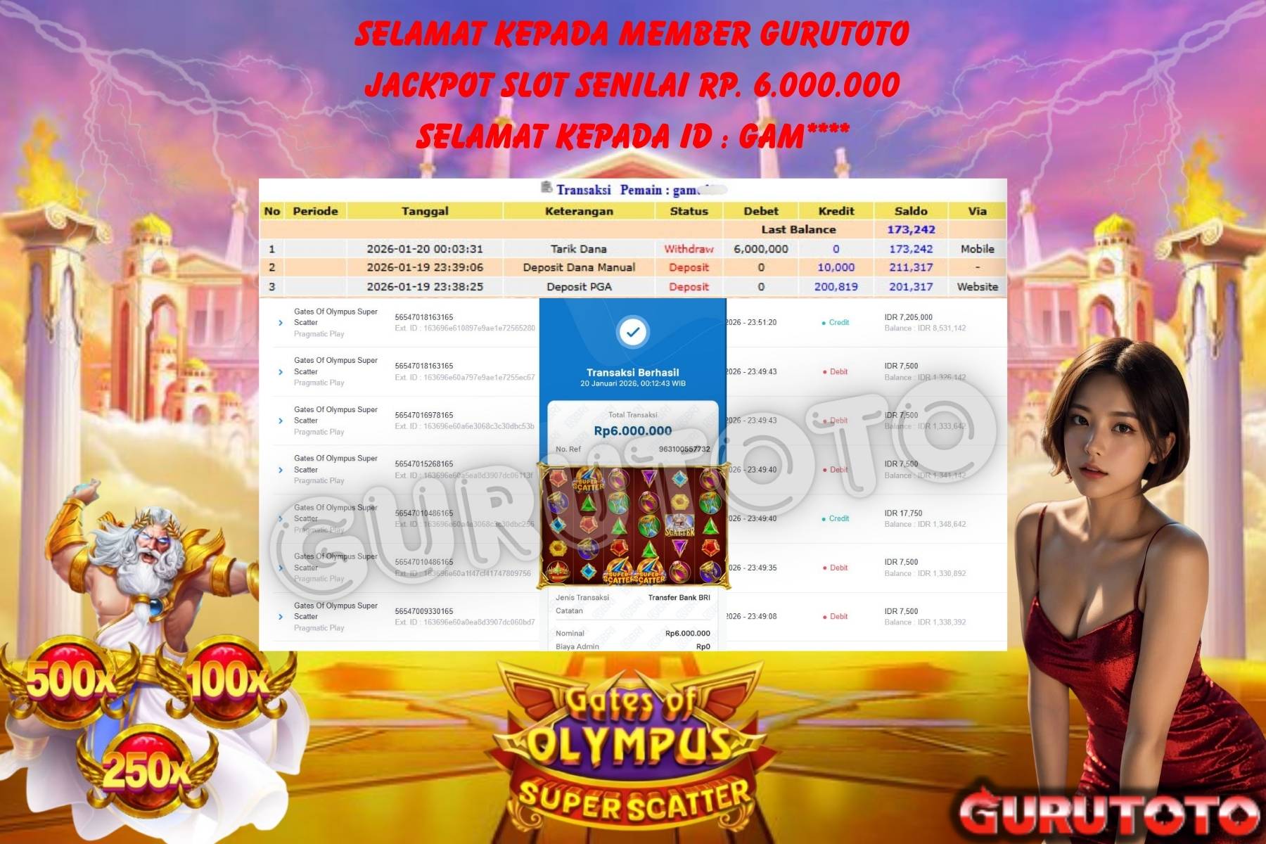 Bukti Kemenangan Rp 6.000.000 GATES OF OLYMPUS SUPER SCATTER di GURUTOTO!