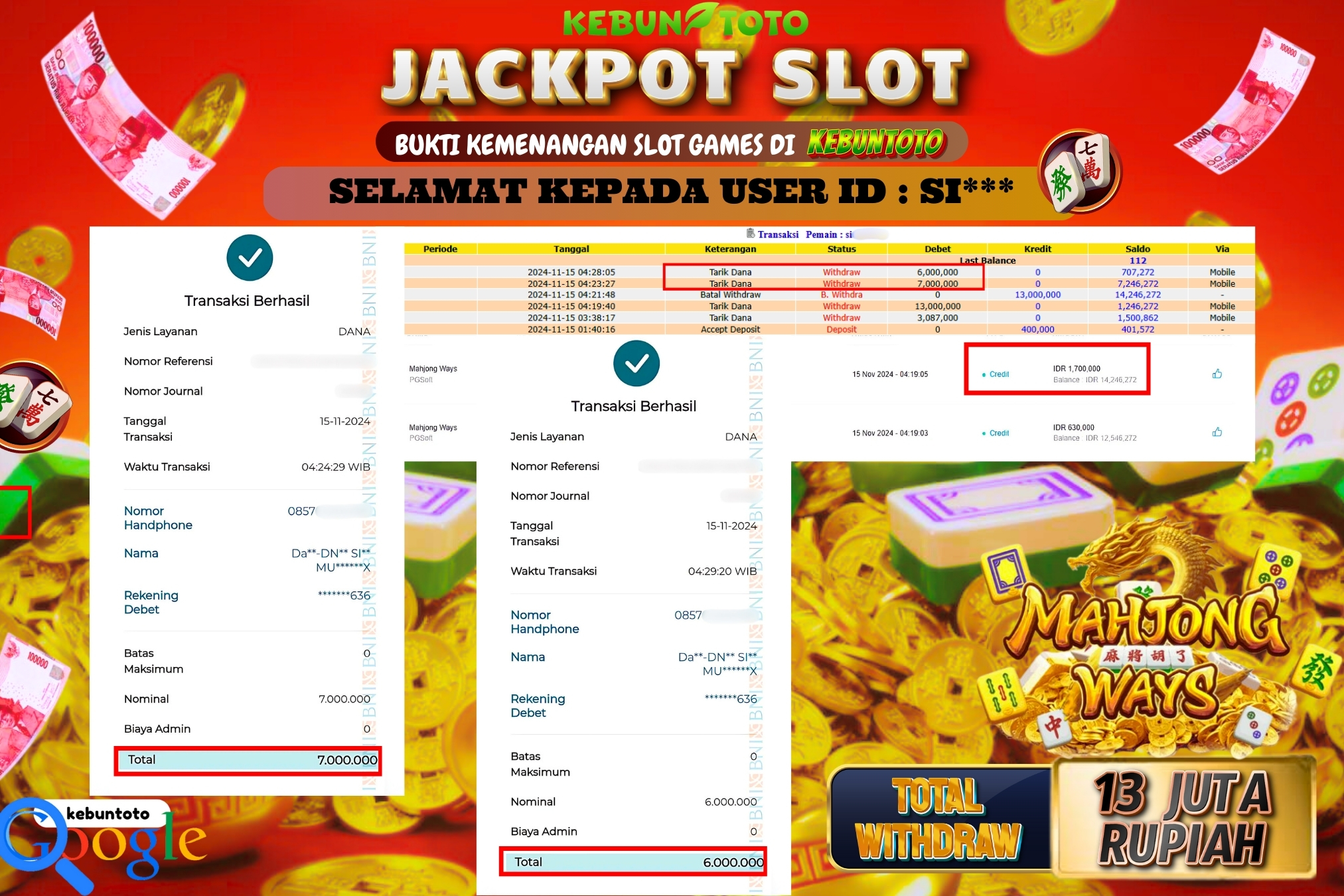 KEBUNTOTO JACKPOT SLOT MAHJONG WAYS Rp.13.000.000,- LUNAS