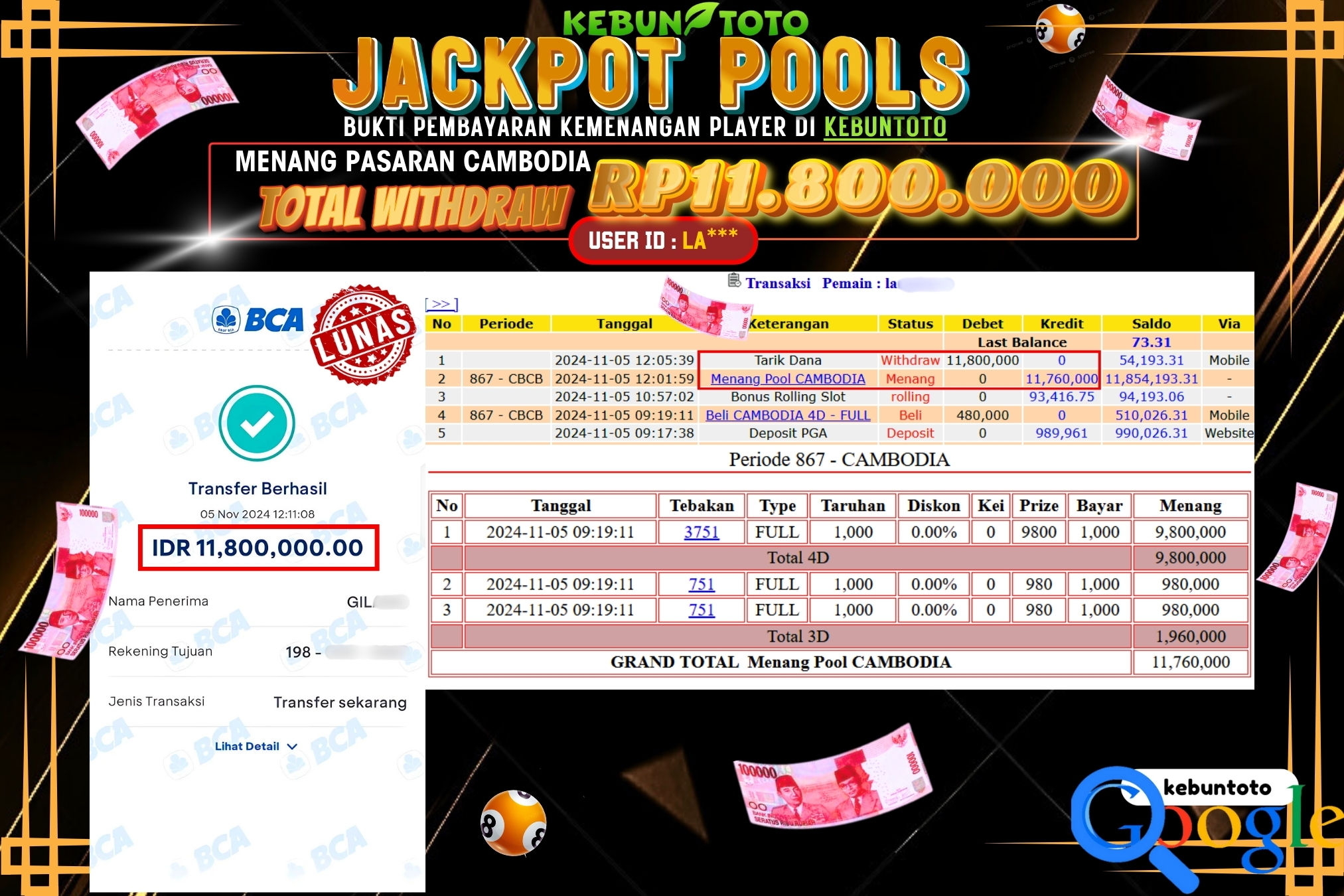 KEBUNTOTO JACKPOT TOGEL PASARAN CAMBODIA Rp.11.800.000,- LUNAS