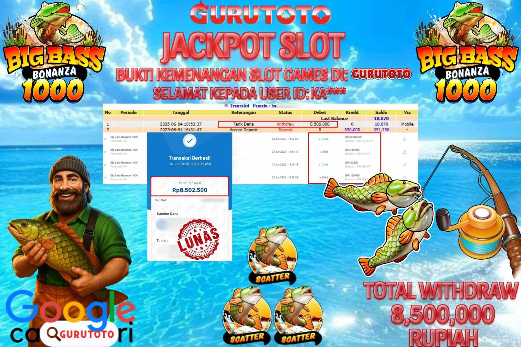 GURUTOTO JACKPOT, SLOT BIG BASS BONANZA 1000 , Sebesar Rp 8.500.000,- LUNAS