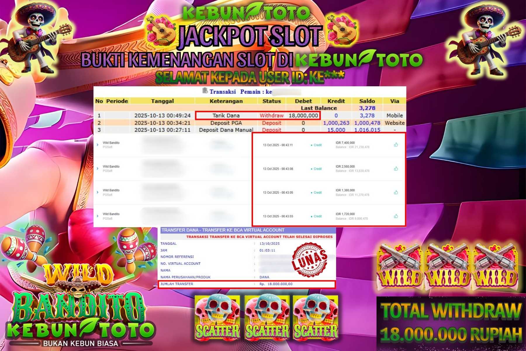 Bukti Kemenangan Rp 18.000.000 SLOT WILD BANDITO di KEBUNTOTO!