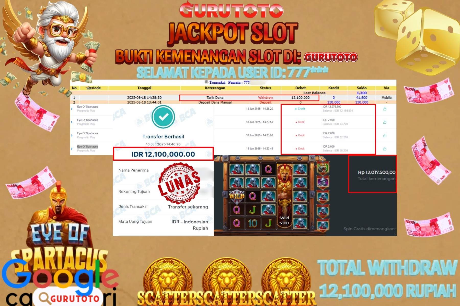 Bukti Kemenangan Rp 12.100.000 SLOT EYE OF SPARTACUS di GURUTOTO!