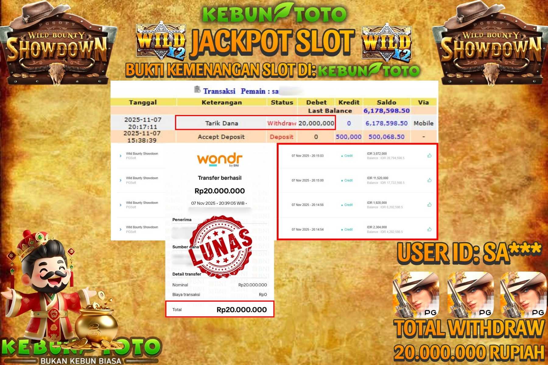 Bukti Kemenangan Rp 20.000.000 SLOT WILD BOUNTY SHOWDOWN di KEBUNTOTO!