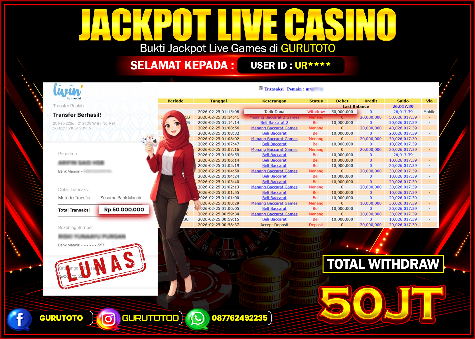 Bukti Kemenangan Rp 50.000.000 BACCARAT 2 di GURUTOTO !