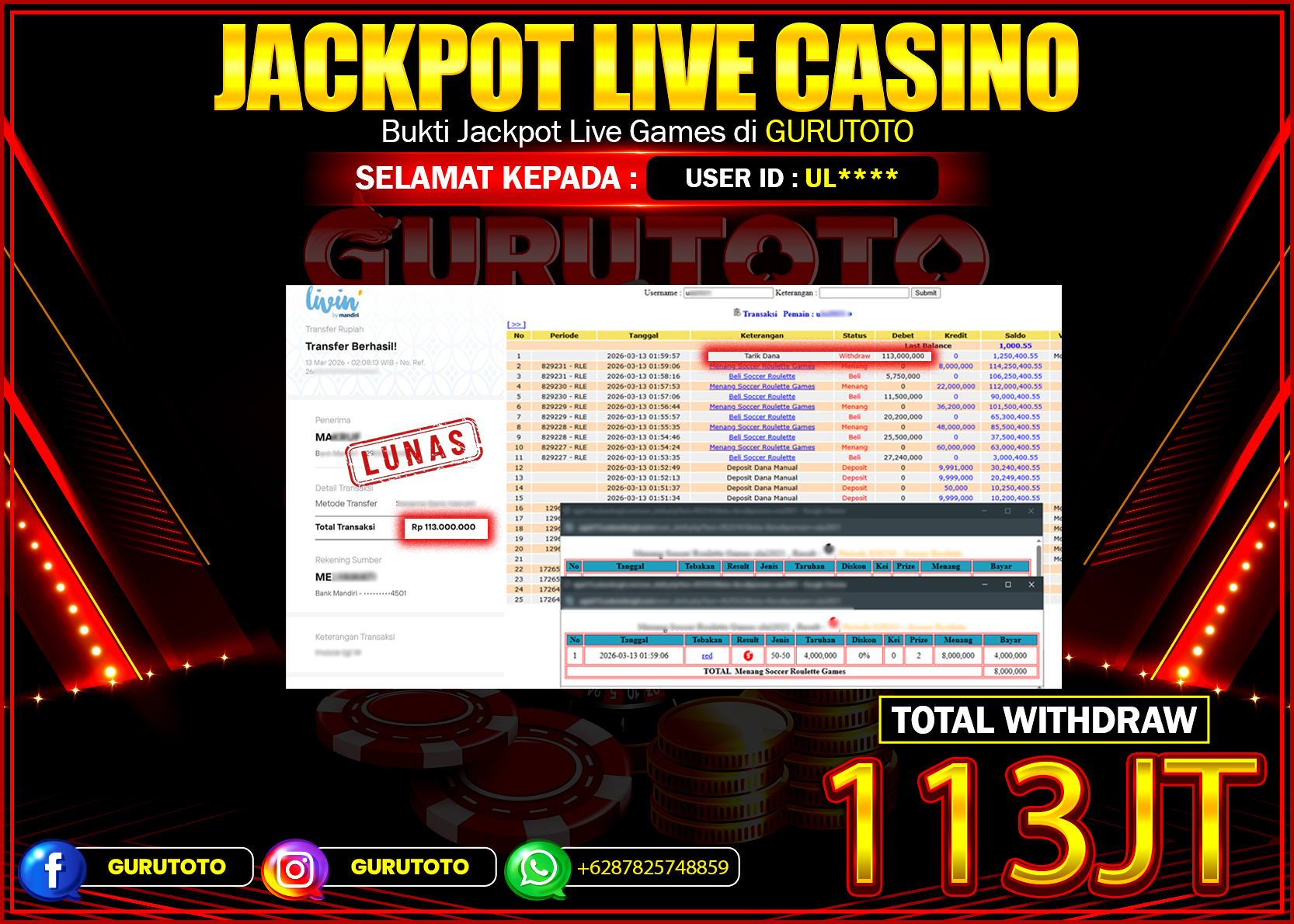 Bukti Kemenangan Rp 113.000.000 LIVE CASINO ROULETTE di GURUTOTO !