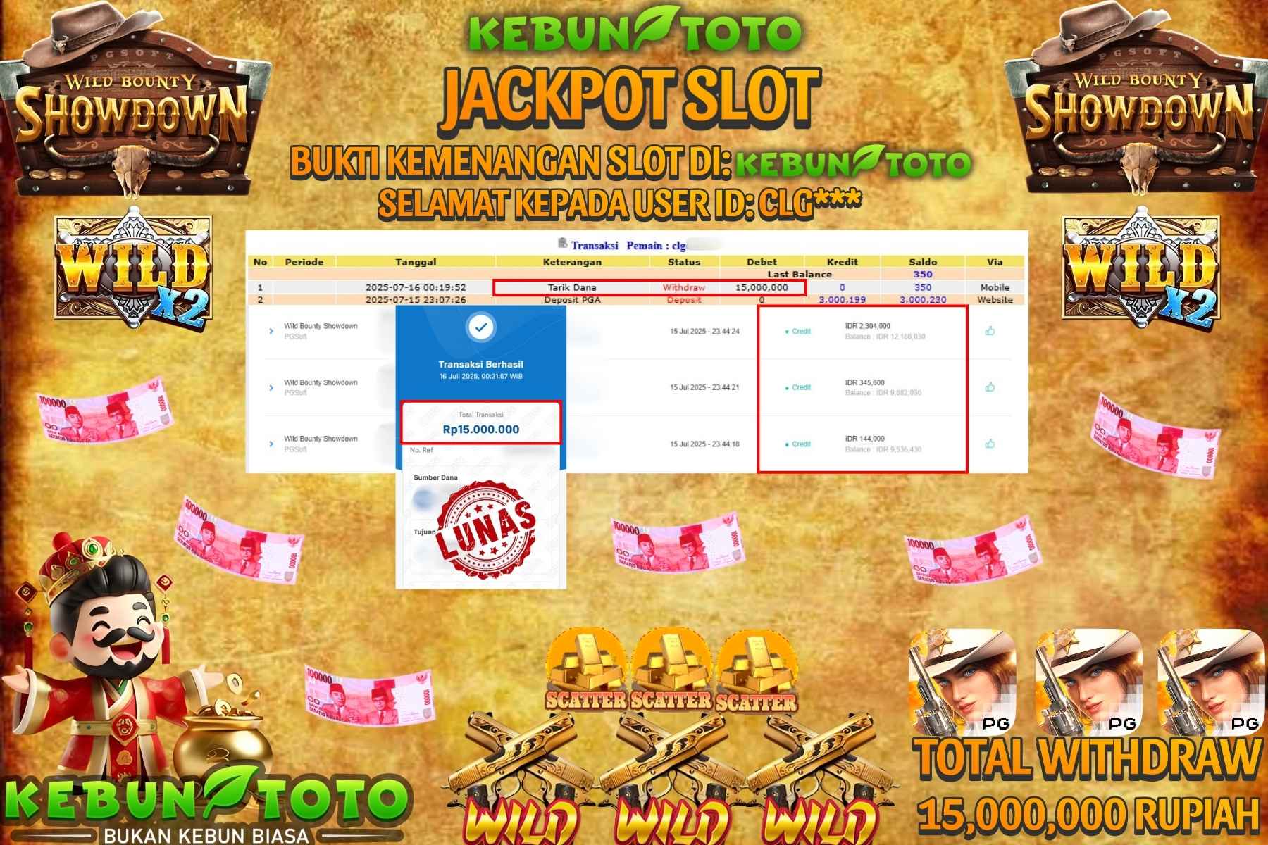 Bukti Kemenangan Rp 15.000.000 SLOT WILD BOUNTY SHOWDOWN di KEBUNTOTO!