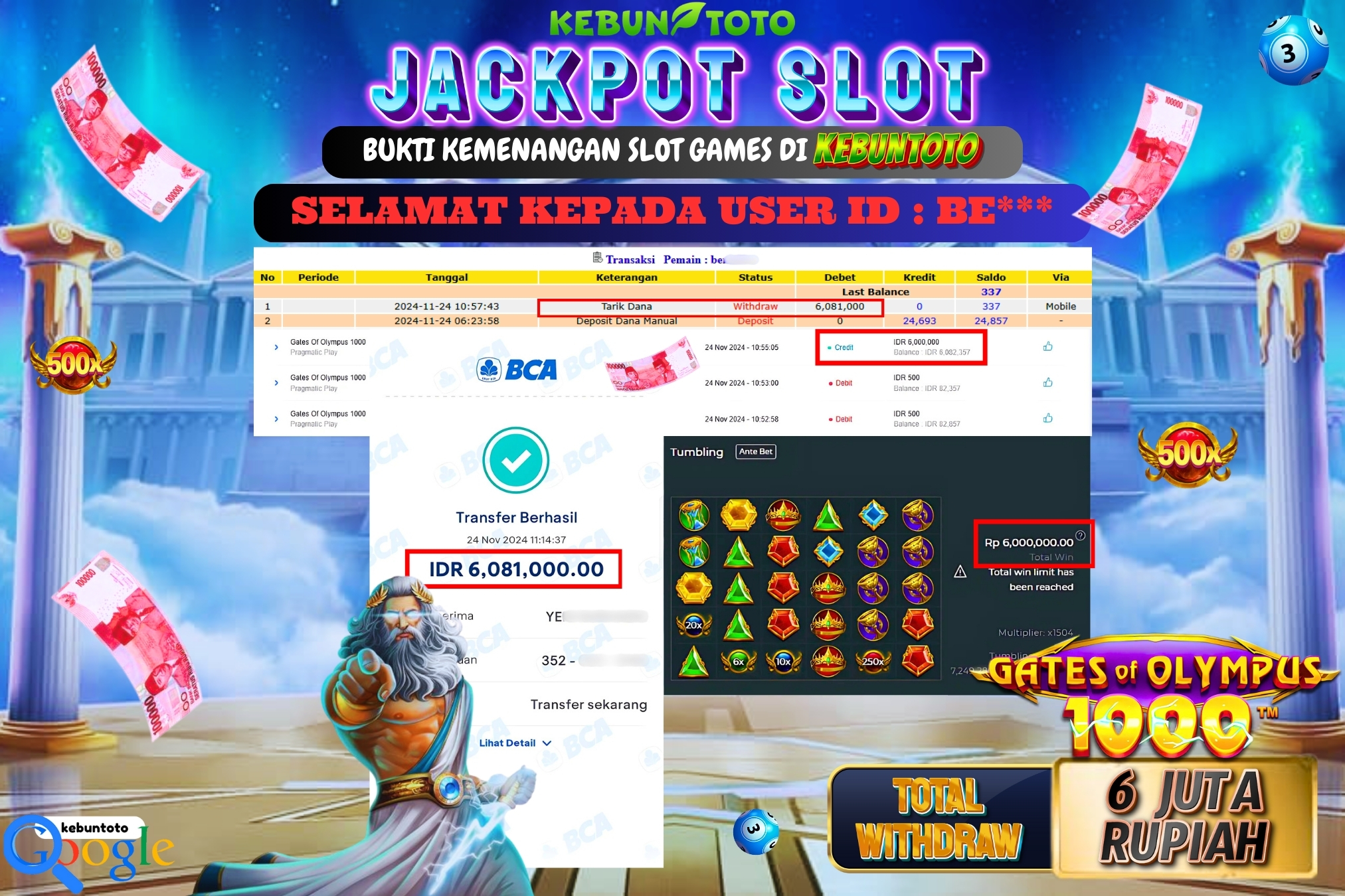 KEBUNTOTO JACKPOT SLOT GATES OF OLYMPUS 1000 Rp.6.081.000,- LUNAS