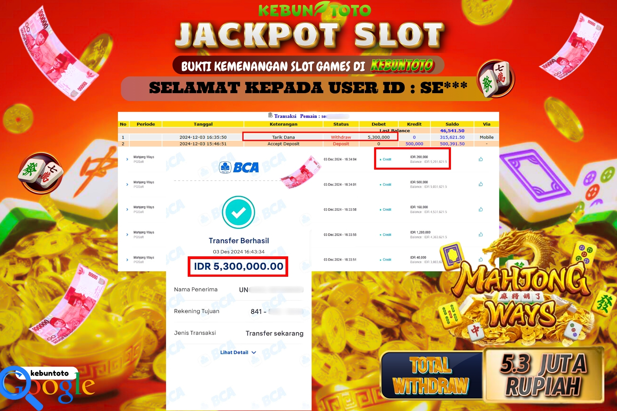 KEBUNTOTO JACKPOT SLOT MAHJONG WAYS Rp.5.300.000,- LUNAS