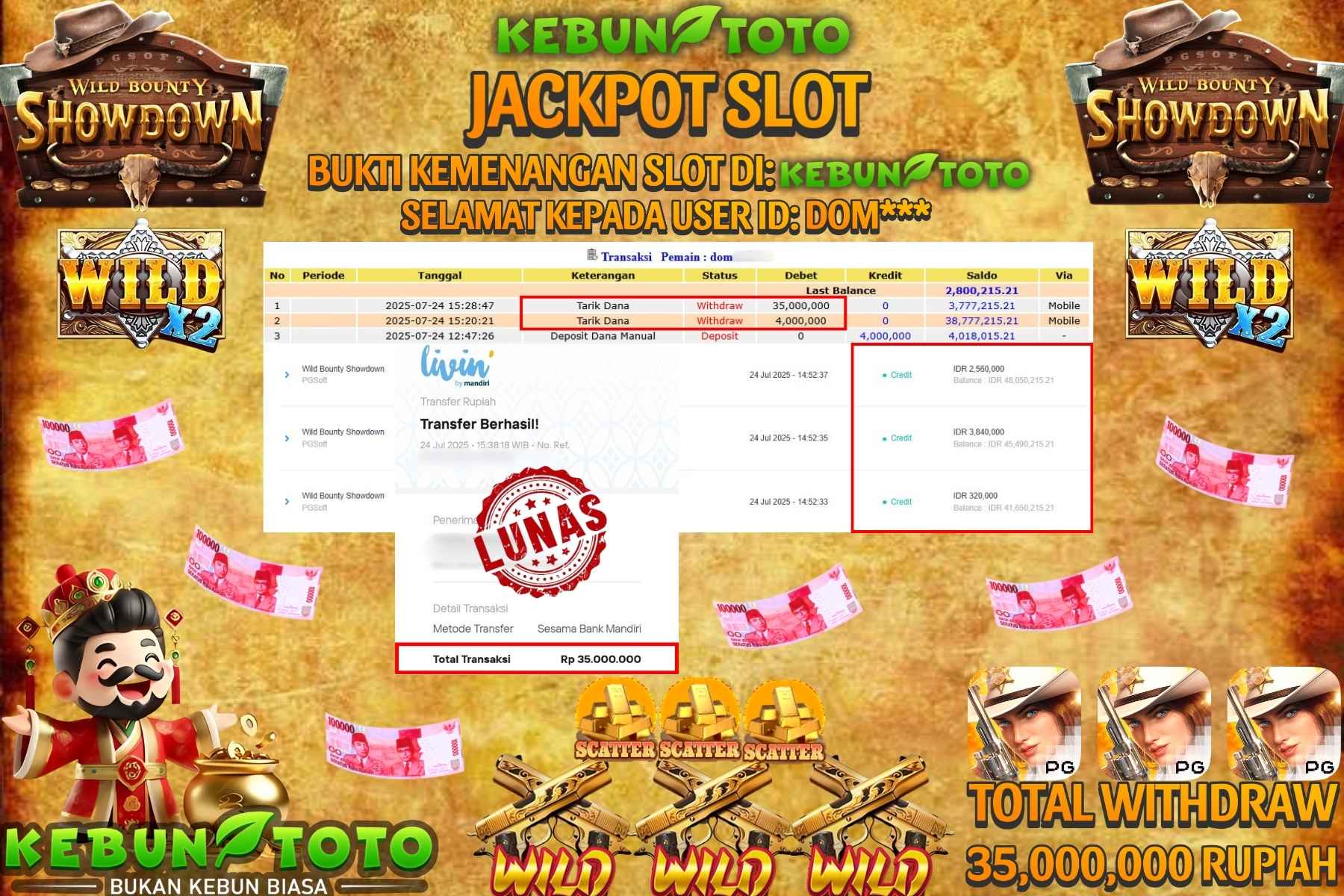 Bukti Kemenangan Rp 35.000.000 SLOT WILD BOUNTY SHOWDOWN di KEBUNTOTO!
