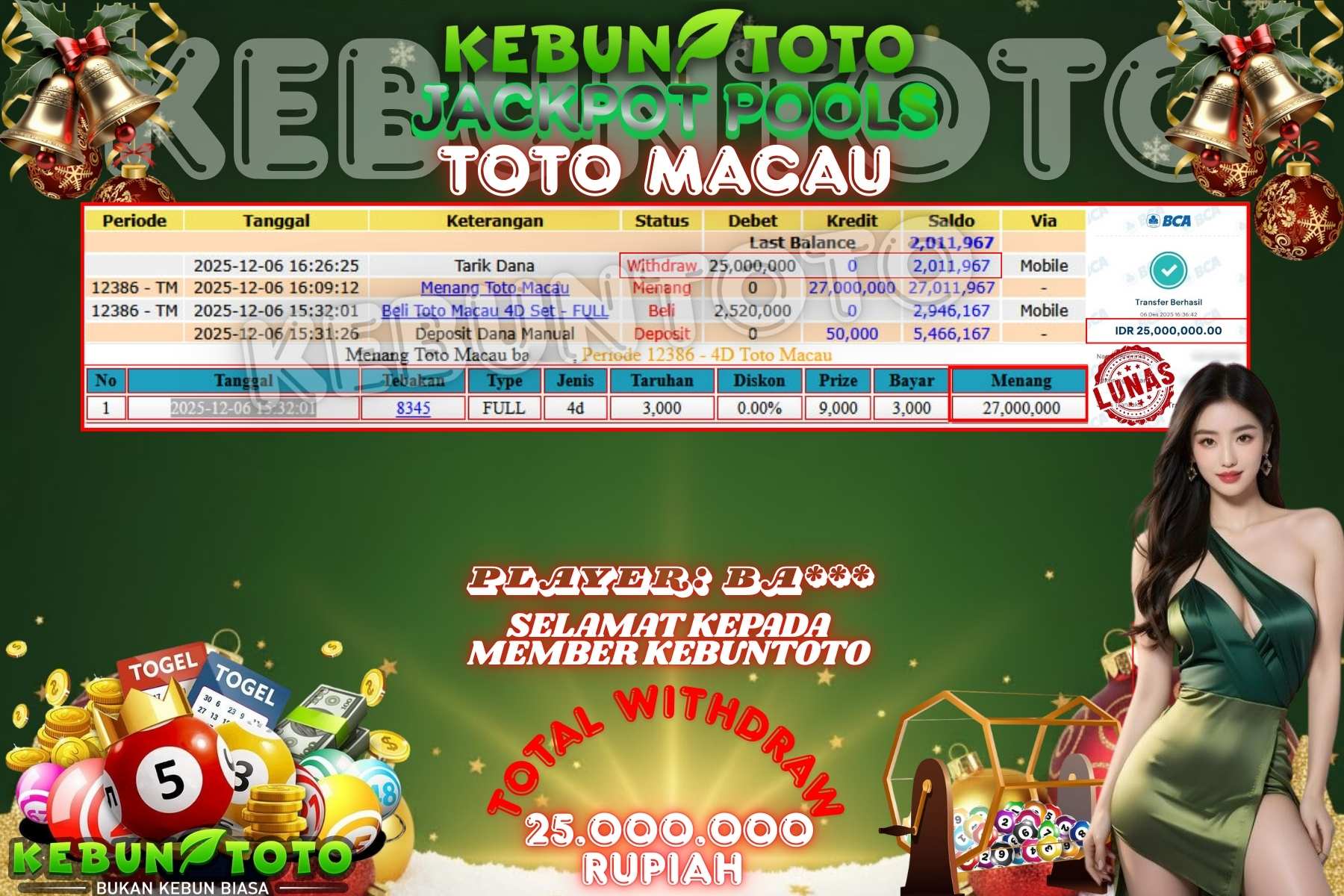 Bukti Kemenangan Rp 25.000.000 TOGEL TOTO MACAU di KEBUNTOTO!