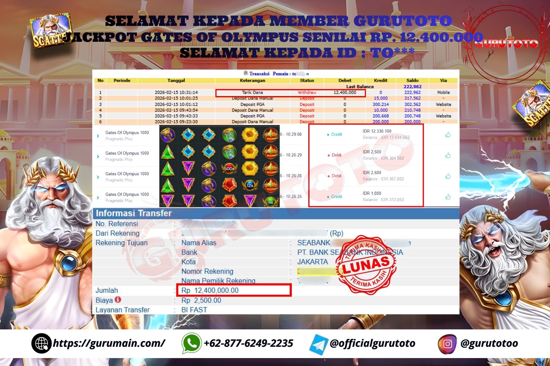 Bukti Kemenangan Rp 12.400.000 GATES OF OLYMPUS di GURUTOTO !