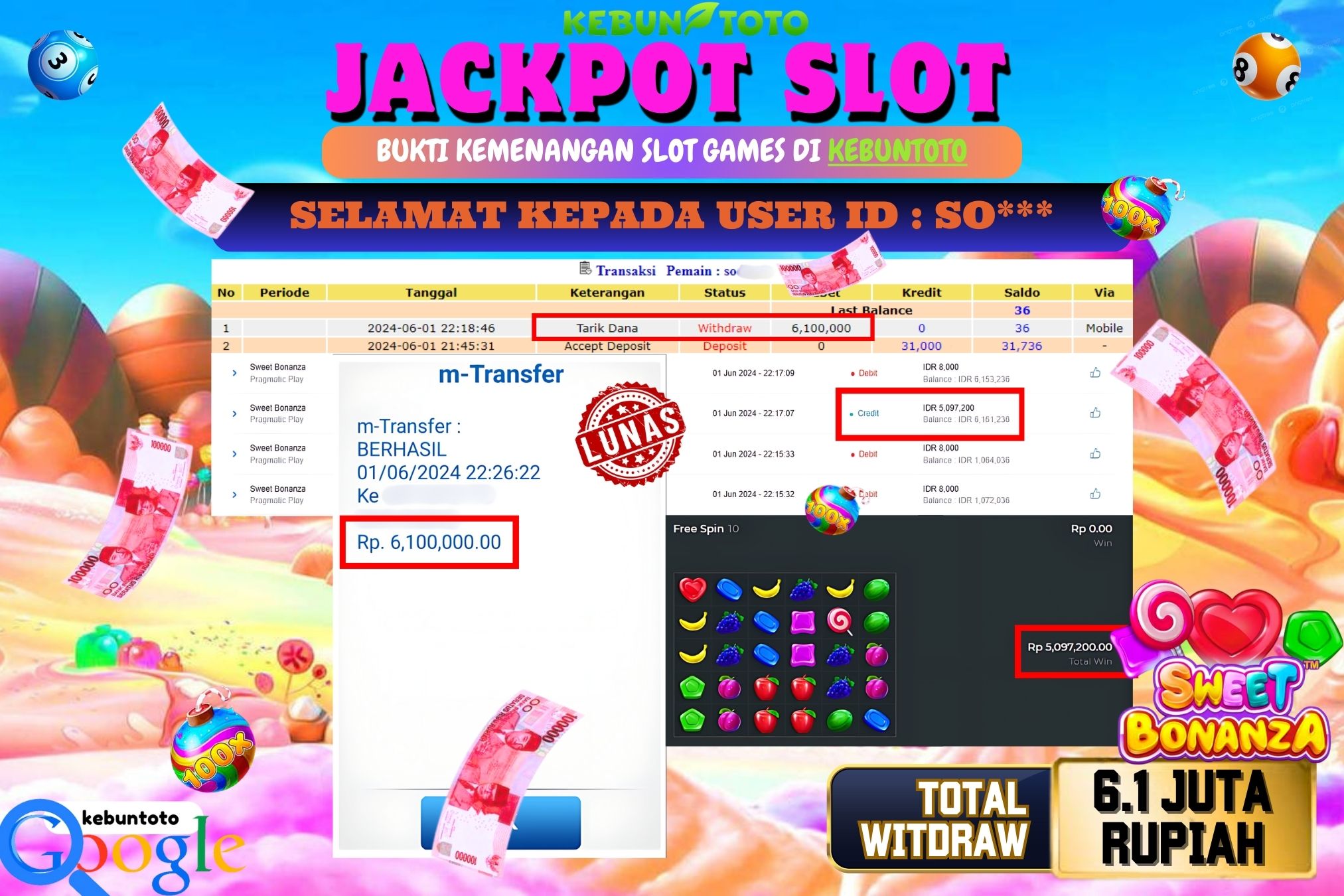 KEBUNTOTO JACKPOT SLOT SWEET BONANZA Rp.6.100.000,- LUNAS